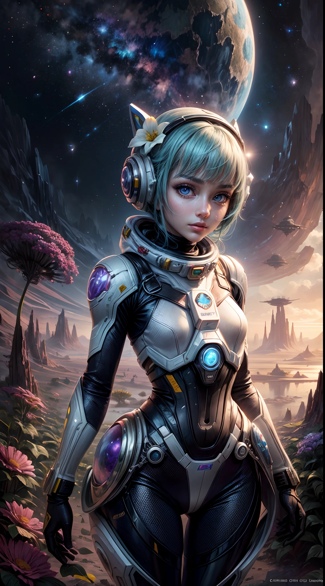 "A detailed painting of a alien girl dressed as a space ranger, exploring an extraterrestrial landscape adorned with vibrant, otherworldly flowers. Science fiction wonderland, imaginative, space adventure."