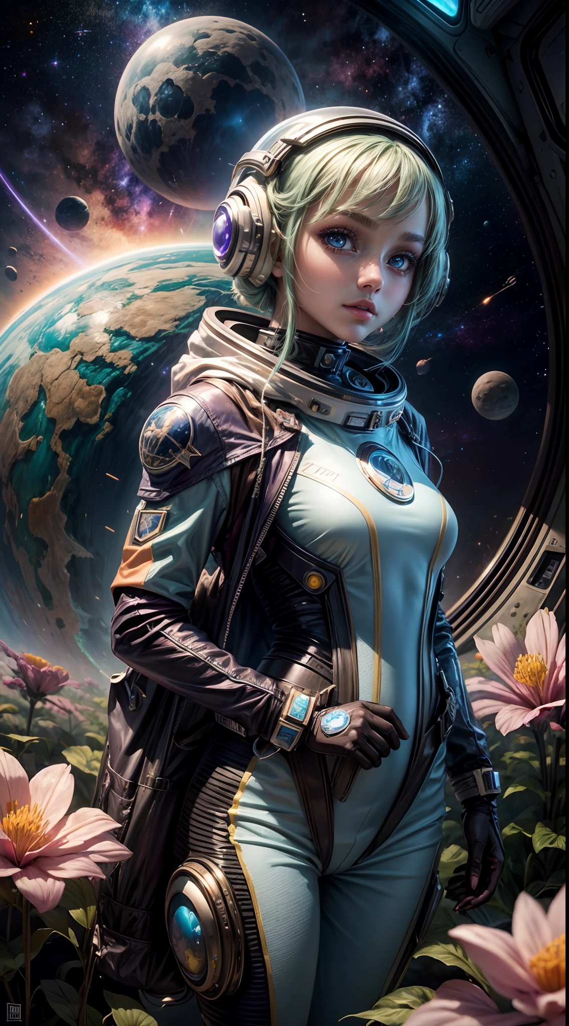 "A detailed painting of a alien girl dressed as a space ranger, exploring an extraterrestrial landscape adorned with vibrant, otherworldly flowers. Science fiction wonderland, imaginative, space adventure."