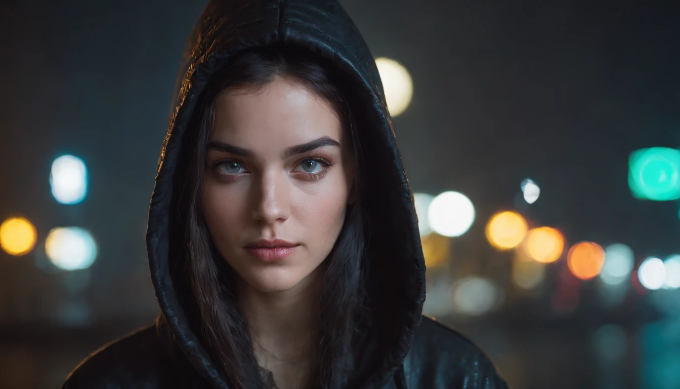 Portrait of a beautiful girl with a hoodie in a cyberpunk city at night, rainy night, beautiful eyes, foggy night lights, dramatic lights, neon lights, hardwave aesthetic, cold lights, dark cyberpunk aesthetic, extremely beautiful woman.