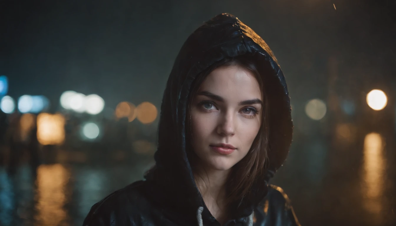 Portrait of a beautiful girl with a hoodie in a cyberpunk city at night, rainy night, beautiful eyes, foggy night lights, dramatic lights, neon lights, hardwave aesthetic, cold lights, dark cyberpunk aesthetic, extremely beautiful woman.