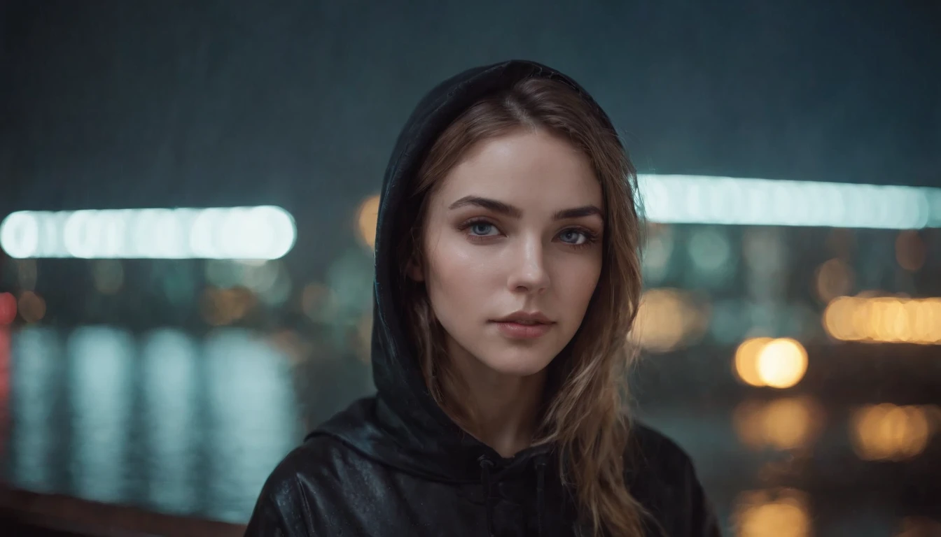 Portrait of a beautiful girl with a hoodie in a cyberpunk city at night, rainy night, beautiful eyes, foggy night lights, dramatic lights, neon lights, hardwave aesthetic, cold lights, dark cyberpunk aesthetic, extremely beautiful woman.