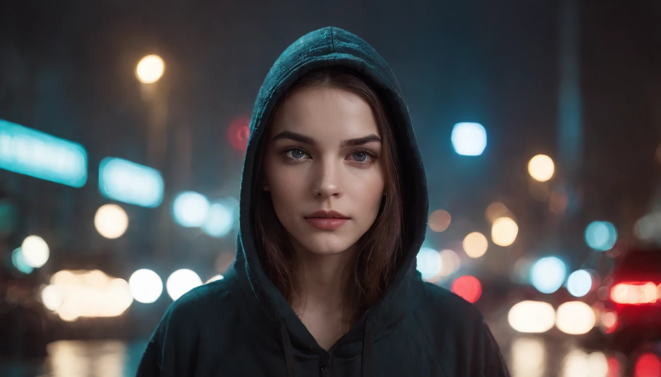 Portrait of a beautiful girl with a hoodie in a cyberpunk city at night, rainy night, beautiful eyes, foggy night lights, dramatic lights, neon lights, hardwave aesthetic, cold lights, dark cyberpunk aesthetic, extremely beautiful woman.