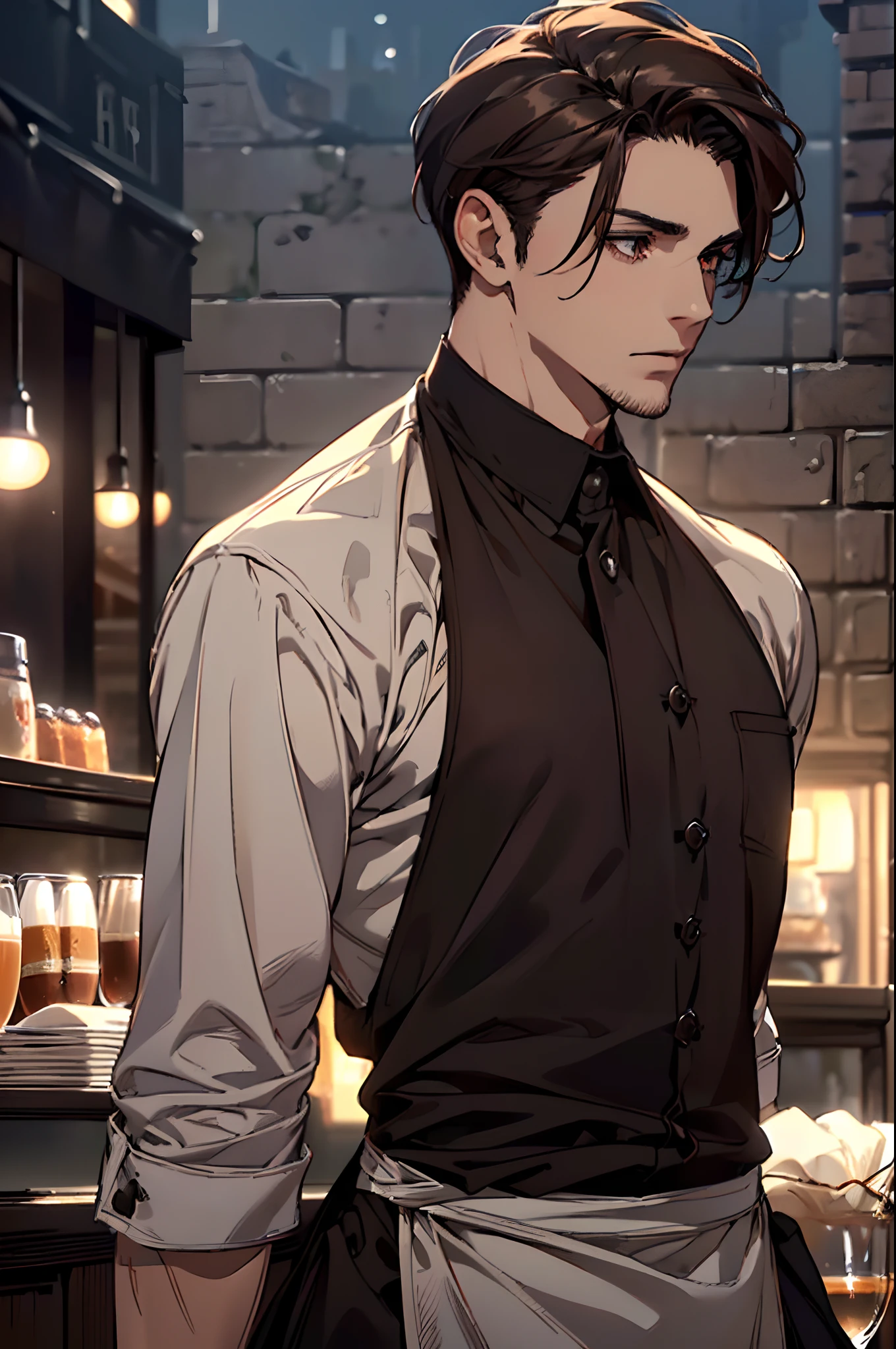 1 boy, beautiful male body, 24 years old , Body length 180 cm, ((short hair hair, Brown, (Chin hair length), ((Hair length 10 inches)) (Street hairstyle) , (dark brown eyes), realistic eyes, beatiful eyes, ((sharp eyes)), ((Waiter clothes Cafe)), (8k wallpaper), ((Cafe background)),  8k, Quilty Altitude, Realistic, Beautiful realism, outstanding detail, RAW photo, Realistic clothes, Dark brown hair, realistic hair, Light and cool lighting, realistic photo, Cel shaded, Gel lighting, ultra-detail, ((In the night)), simple muscles