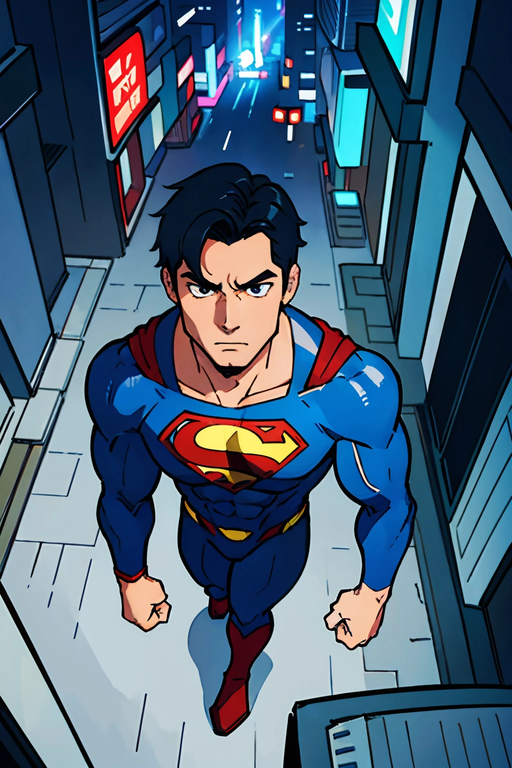 (best-quality:0.8), (best-quality:0.8), perfect anime illustration, extreme closeup portrait of Superman with venom costume walking through the city