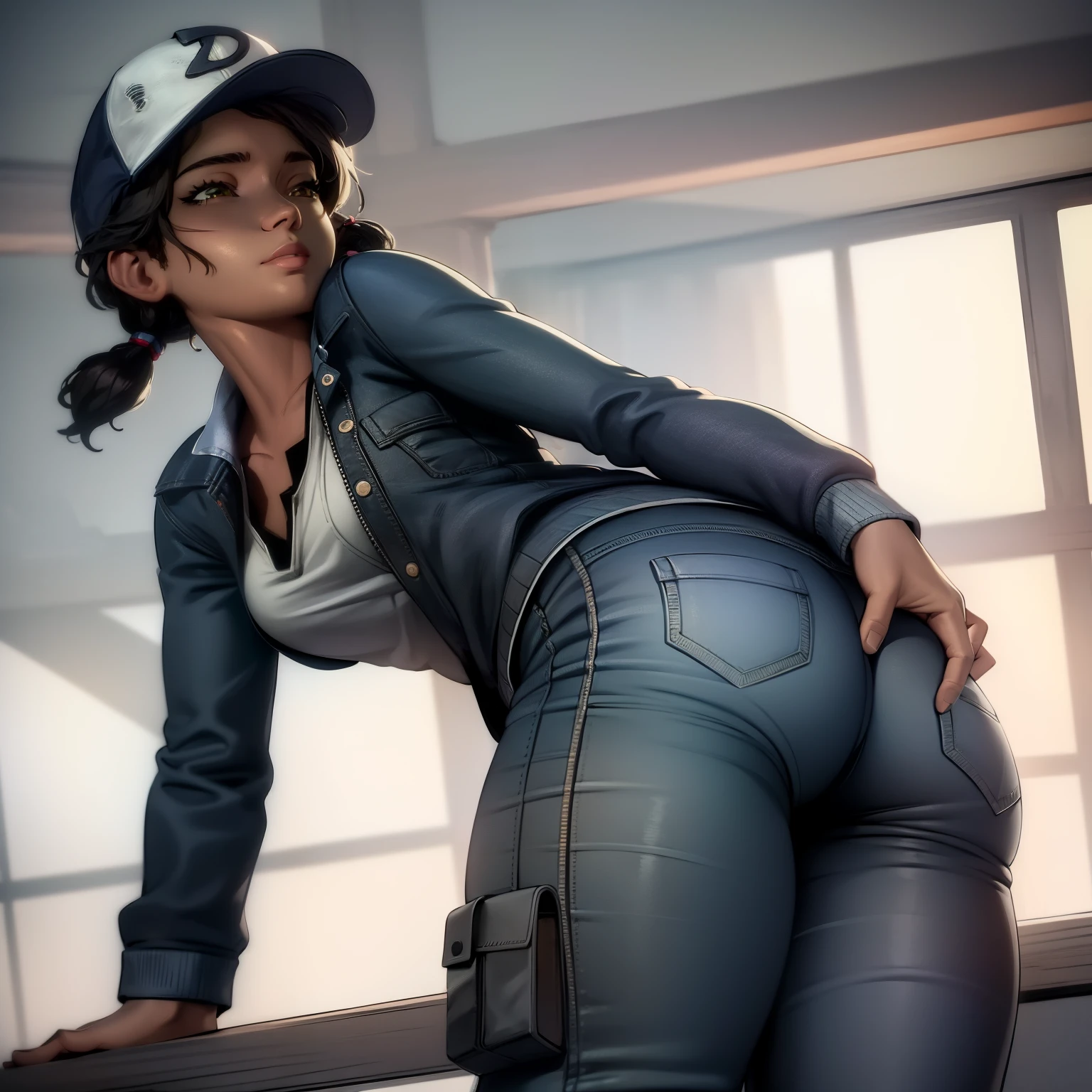 ((masterpiece, best quality)),(complex lighting) , solo,1girl,upper body, clementine,  dark skin,dark-skinned female,  baseball cap, green cargo pants, tight pants, shirt, short twintails,open denim jacket, big butt, thicc