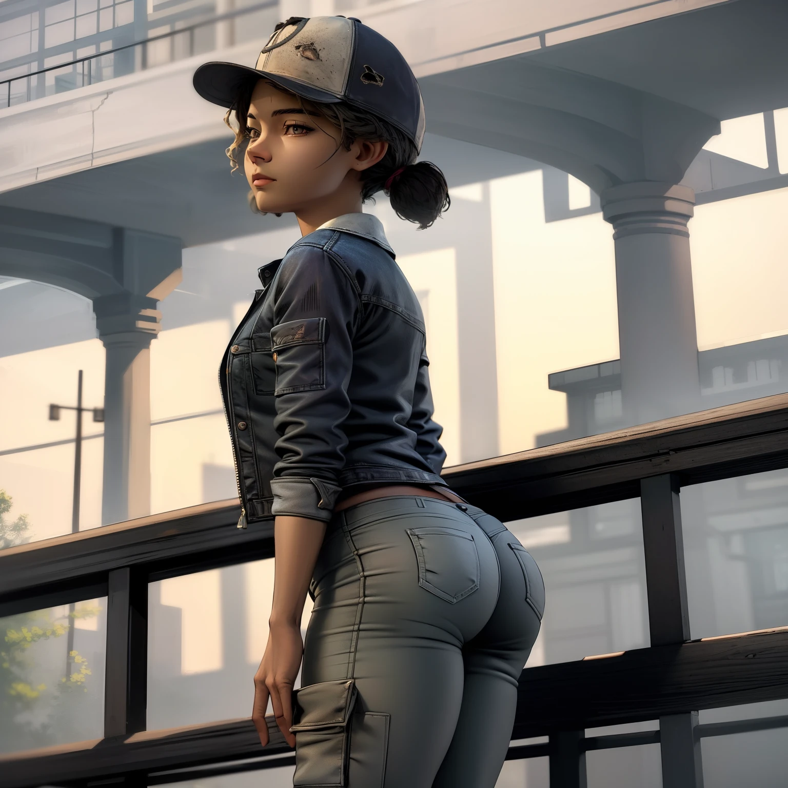 ((masterpiece, best quality)),(complex lighting) , solo,1girl,upper body, clementine,  dark skin,dark-skinned female,  baseball cap, green cargo pants, tight pants, shirt, short twintails,open denim jacket, big butt, thicc