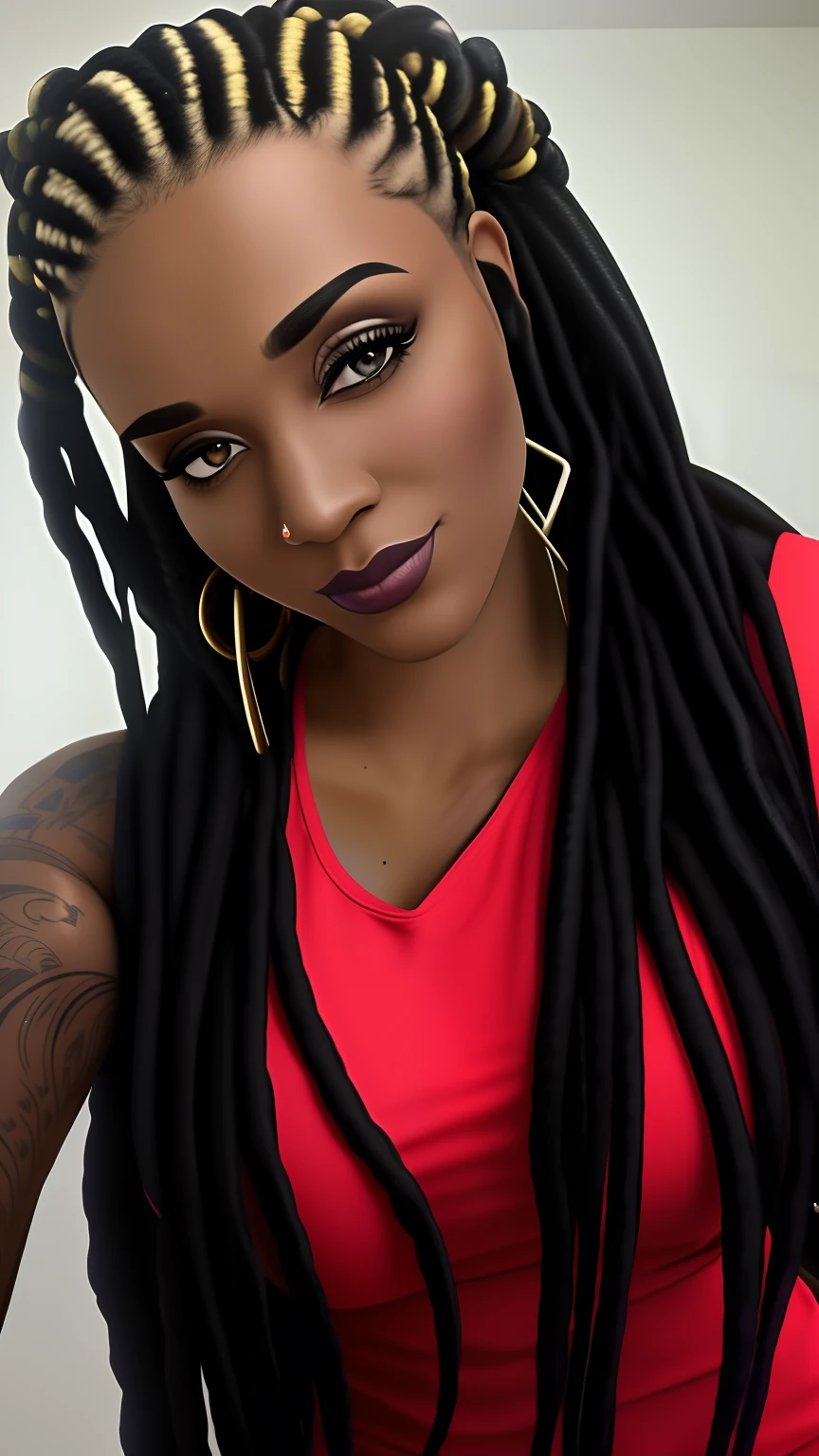 There's a young woman with dreadlocks on her head, Parece Fabiula Nascimento, dreads, com rabo-de-porco preto, em torno de 1 9 anos, Dreadlock cabelo preto, 2 3 anos, long black braids, imagem de perfil, 2 2 anos, black hair in braids, taken in the early 2020s, box braids