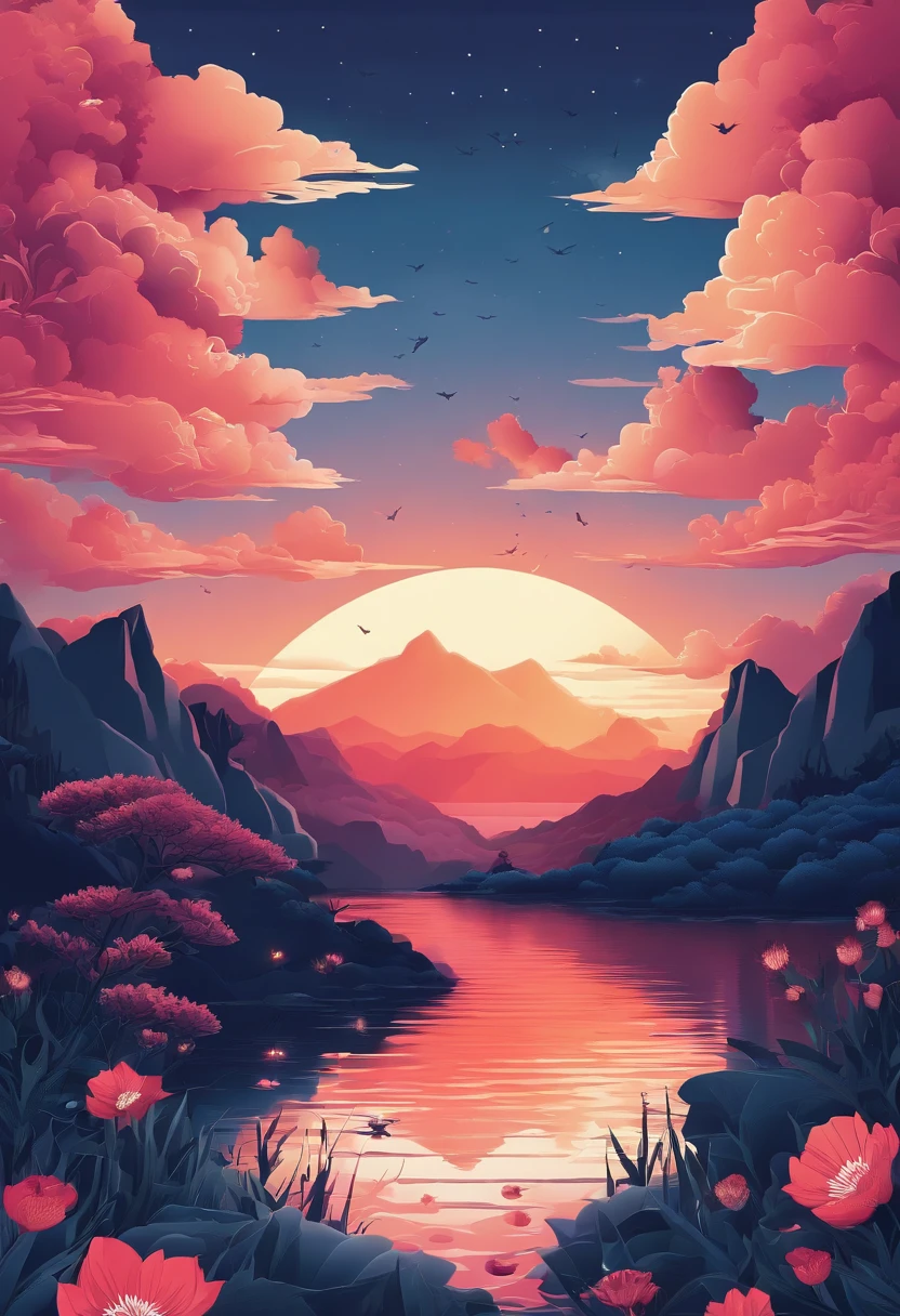 There was a beautiful sunset, The hills are full of flowers and plants, Flowers at hand, Colorful sky, Surreal colors, Colorful sunset, Colorful sky, Magnificent sky reflection, Breathtaking sky, Dream like an 8K atmosphere, Colorful clouds, Reflection of colors on the lake, Surreal sky, Red and blue reflections, Flame reflection, beautiful sky, Beautiful and amazing twilight, Beautiful dreamy scene, Breathtaking sky, I'm still an only girl.,