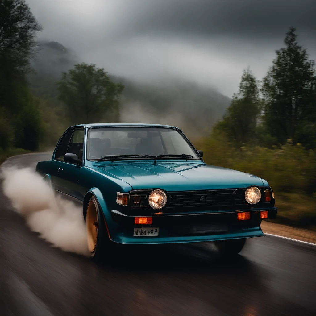 Old nissan car,driving sideways, drifting, smoke from tyres, front wheels turning left,wet mountain road raw 8k ressolution, no blur