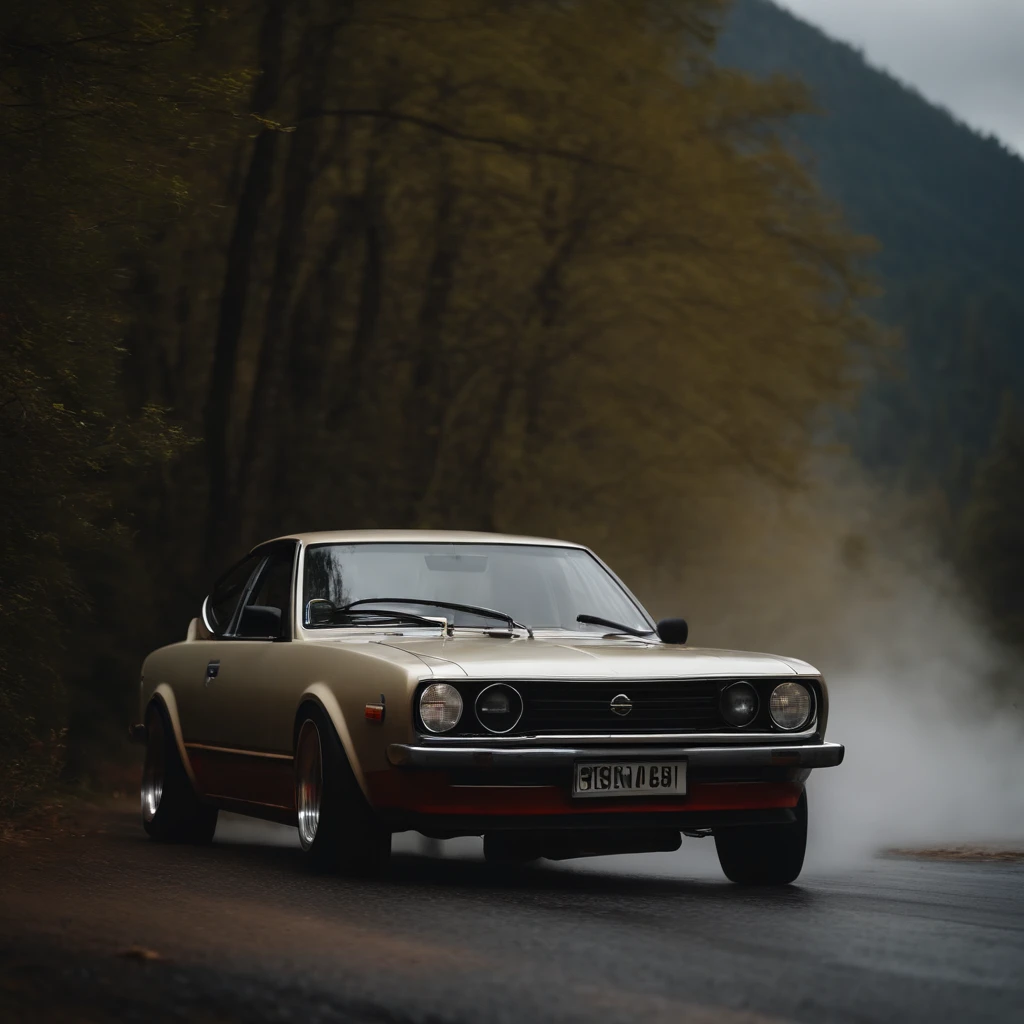 Old nissan car,driving sideways, drifting, smoke from tyres, front wheels turning left,wet mountain road raw 8k ressolution, no blur