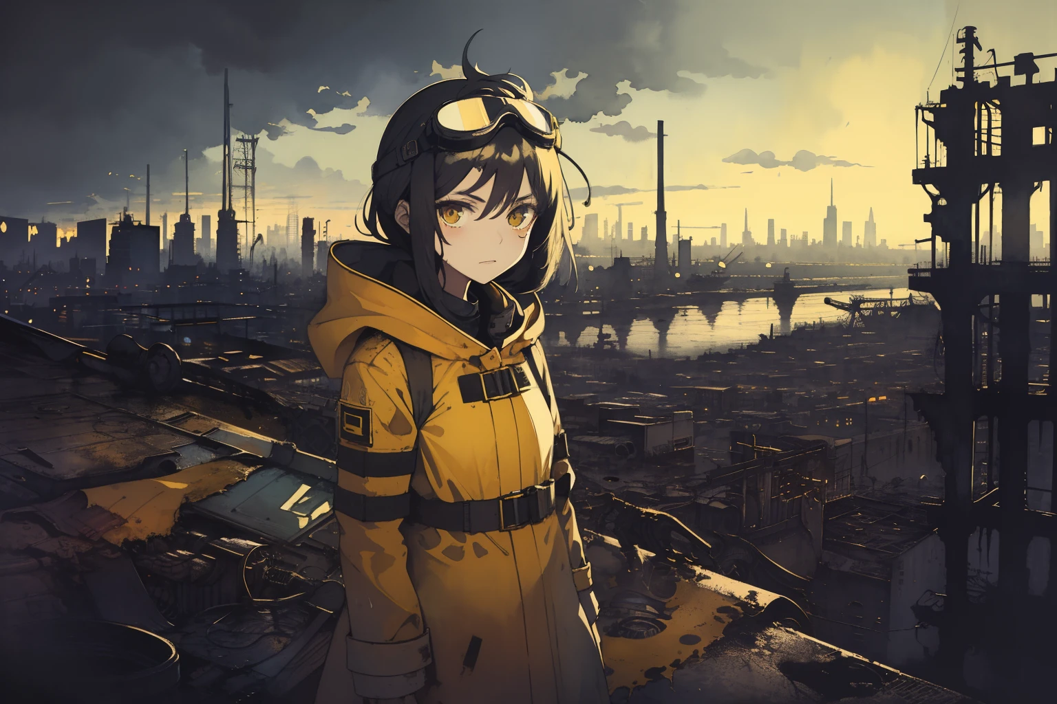 masterpiece, best quality, 1girl, (closeup), engineer, machinist, (yelow coat), (goggles on head), serious, dirty face, dirty clothes, on the roof, cityscape, flooded, industrial ruins, warm, desolate, dark, yellow clouds, watercolor, sketch