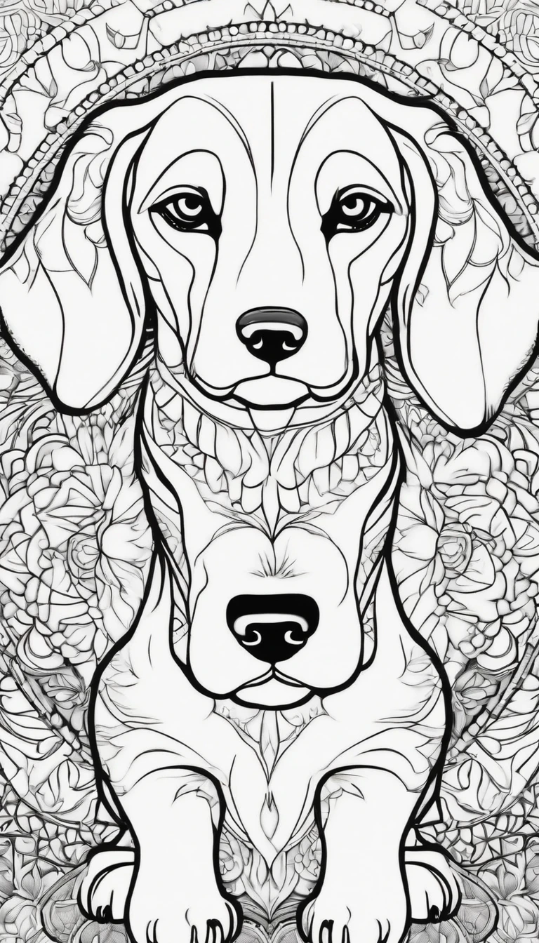 Coloring page for adults, bold lines, dark lines, mandala puppy body, Beagle face, mandala face, symmetrical, white background, clean line art, fine line art and add this animal in a forest environment