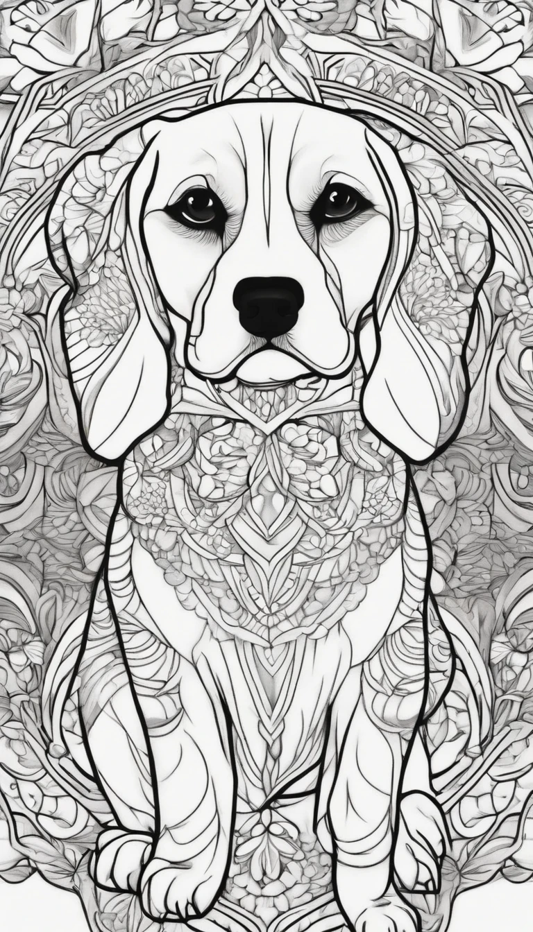 Coloring page for adults, bold lines, dark lines, mandala puppy body, Beagle face, mandala face, symmetrical, white background, clean line art, fine line art and add this animal in a forest environment