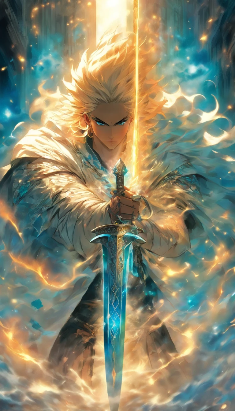 A white-haired young man with piercing blue eyes is in the foreground, emanando uma aura de aventura. Seu cabelo flui ao vento, increasing the sensation of movement and excitement. Sua roupa, a combination of rugged leather and intricate details, evokes a sense of mystery and boldness.

In his hand, He wields a magnificent magic sword that glows with a soft, ethereal light. The sword is adorned with delicate engravings, symbols of ancient power and occult knowledge. His blade glows with an unearthly glow, como se guardasse os segredos do universo.

Behind the young man, Um par de majestosas asas negras se desenrolam, estendendo-se como uma ave de rapina. Essas asas, nascido das sombras, add an air of mysticism and darkness to the scene. Eles brilham com uma pitada de energia sobrenatural, hinting at the young man's hidden heritage or his connection to the unknown.

The overall picture is of the highest quality, com cada detalhe meticulosamente trabalhado. The resolution is set to maximum, allowing an immersive view of the scene. The level of realism is astounding, with the textures and materials looking almost touchable. The lighting is carefully designed to highlight the characteristics of the young person and create a sense of depth and atmosphere.

Quanto ao estilo de arte, combines elements of concept art and fantasy illustration. The colors are vibrant and dynamic, with a touch of surrealism to highlight the fantastic nature of the scene. The composition is carefully balanced, drawing the viewer's attention to the young man, Sua espada, e suas asas, while allowing for a sense of exploration and wonder.

Em resumo, This alert captures the essence of a young man with white hair and blue eyes, vestidos com roupas aventureiras, wielding a magical sword, e ostentando asas pretas. It emphasizes images of the highest quality with impressive attention to detail and a touch of surrealism. The result is a captivating and immersive image that transports the spec