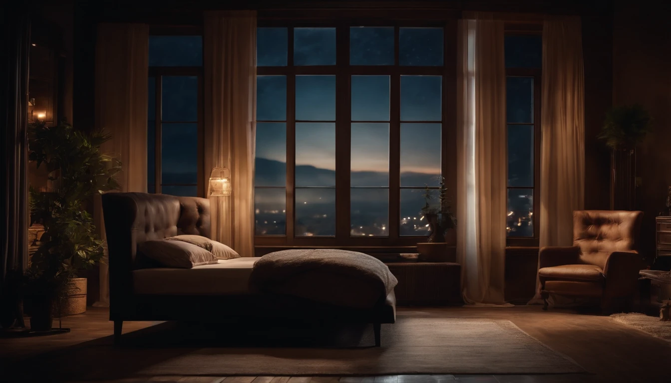 Scenery at night in a room with a lot of details, in the background a big window