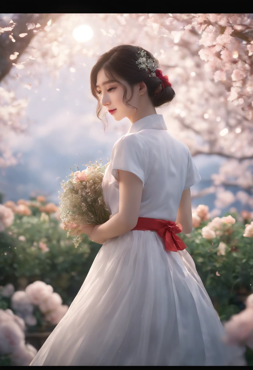(ultra-detailed, realistic:1.37), (best quality, high_resolution:1.2), detailed background, girl, hanbok, flower, garden, moon, night, lora:nanakusaNichikaTHEIDOLM_v10