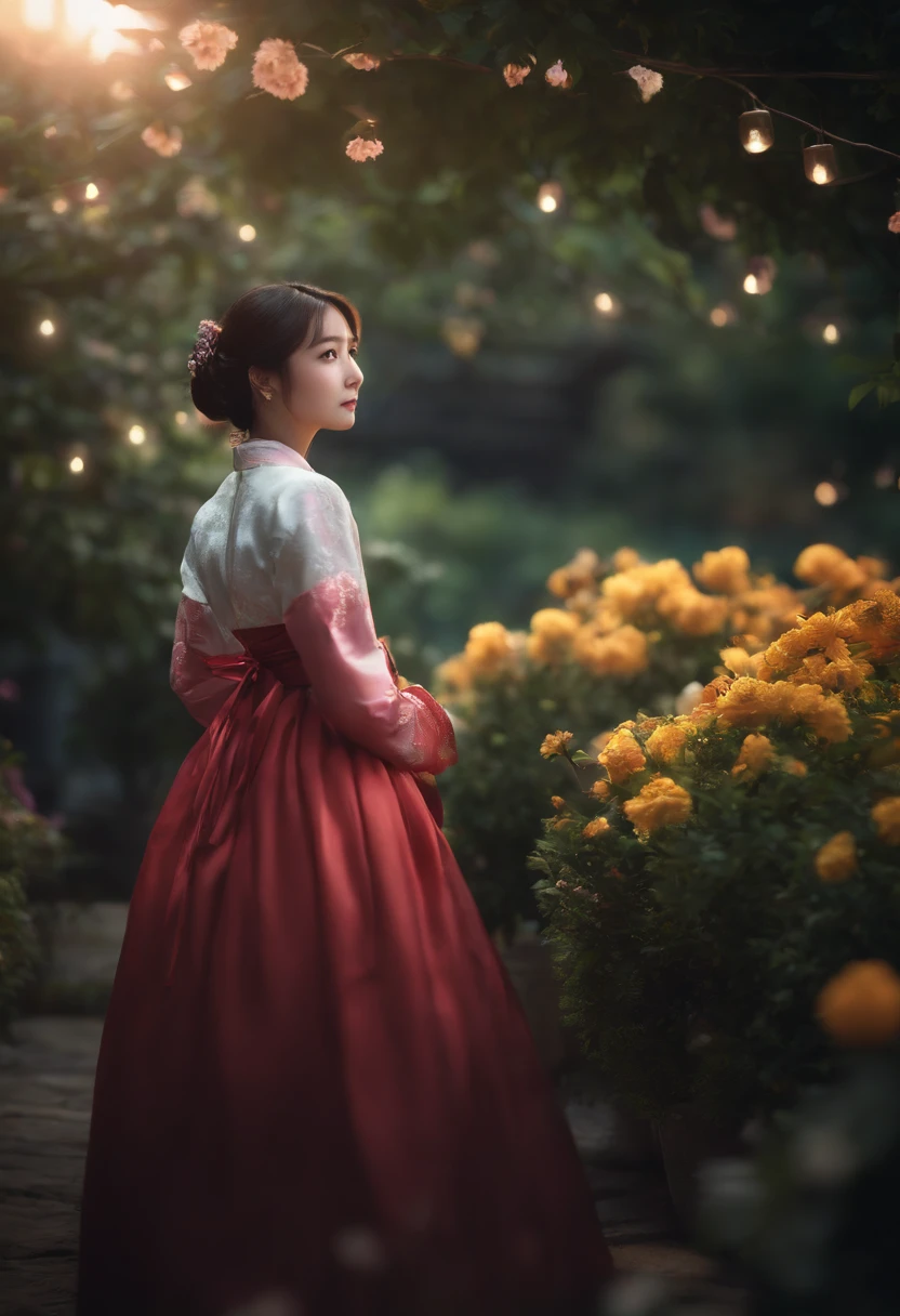 (ultra-detailed, realistic:1.37), (best quality, high_resolution:1.2), detailed background, girl, hanbok, flower, garden, moon, night, lora:nanakusaNichikaTHEIDOLM_v10