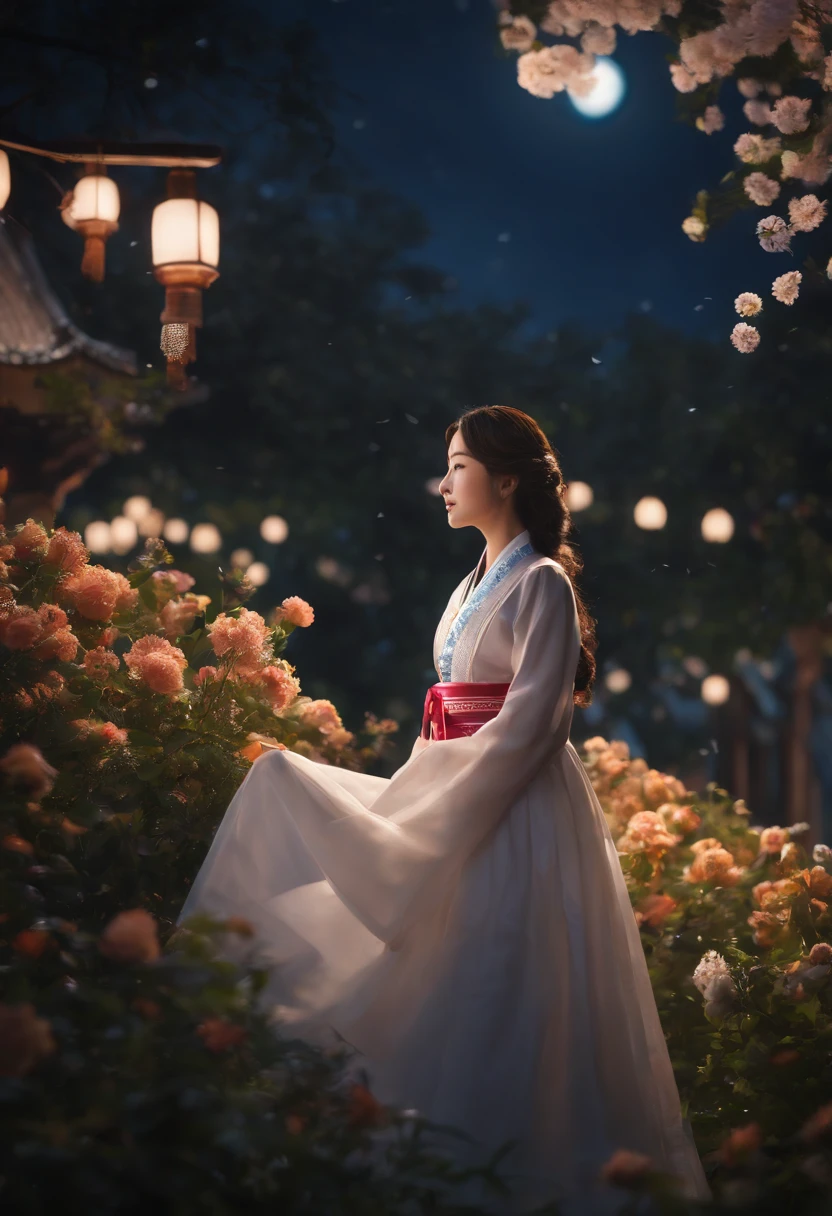 (ultra-detailed, realistic:1.37), (best quality, high_resolution:1.2), detailed background, girl, hanbok, flower, garden, moon, night, lora:nanakusaNichikaTHEIDOLM_v10
