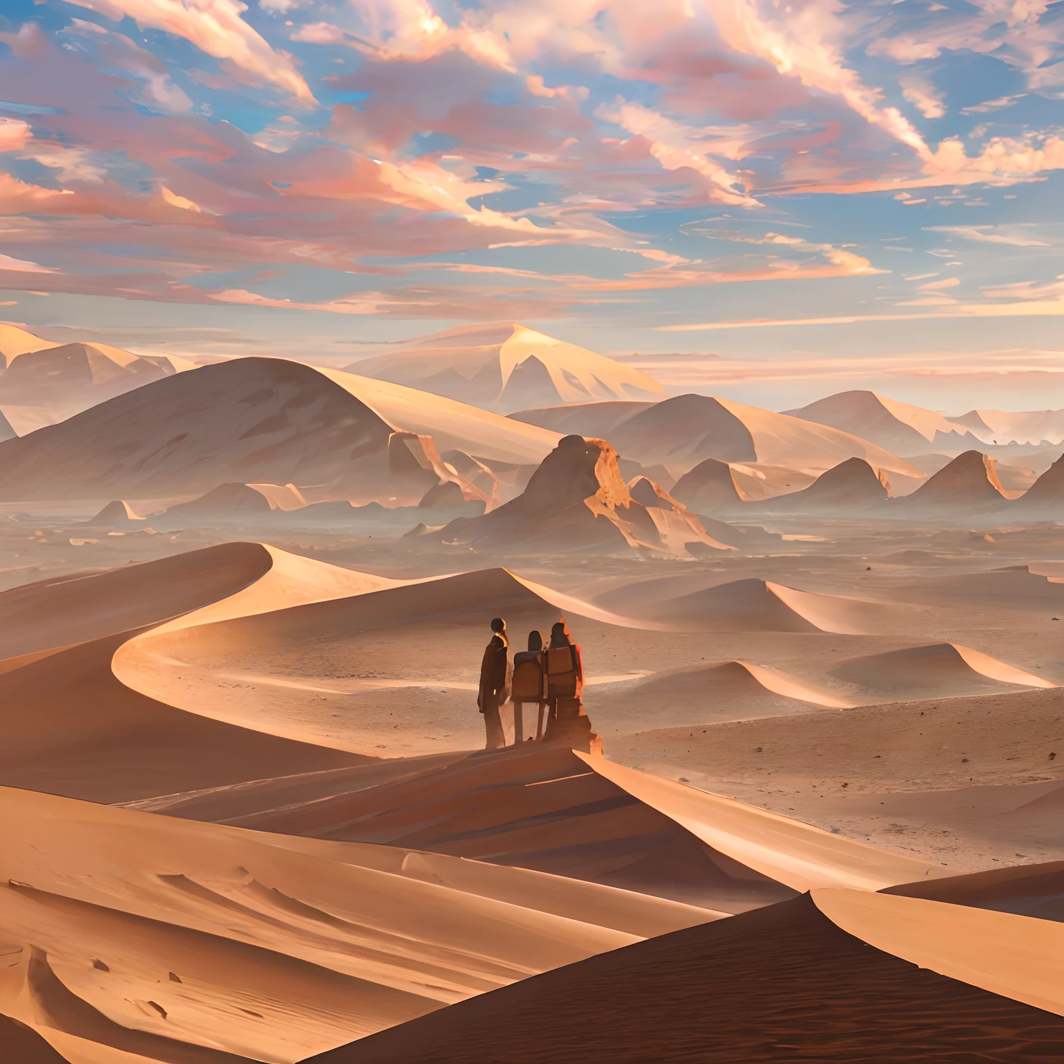 ((Best Quality)), stunning image, Desert landscape, Distant Ruins, human figure (mist:0.7)