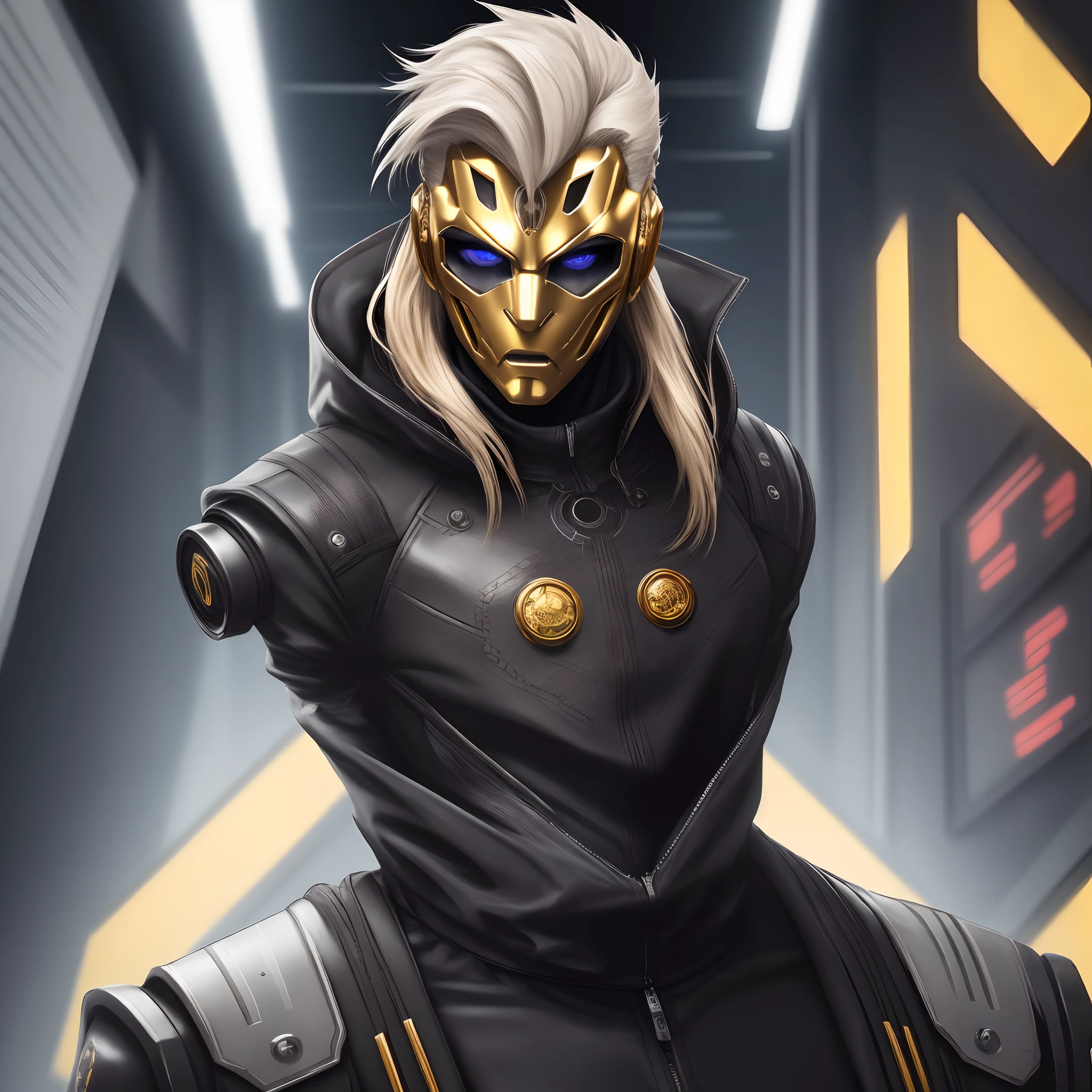 Personagen masculino, mascara grande, terno preto, cabelo grande, Golden Robotic Mask, olhos dourados, cabelo grande amarrado , elegante, cyberpunk