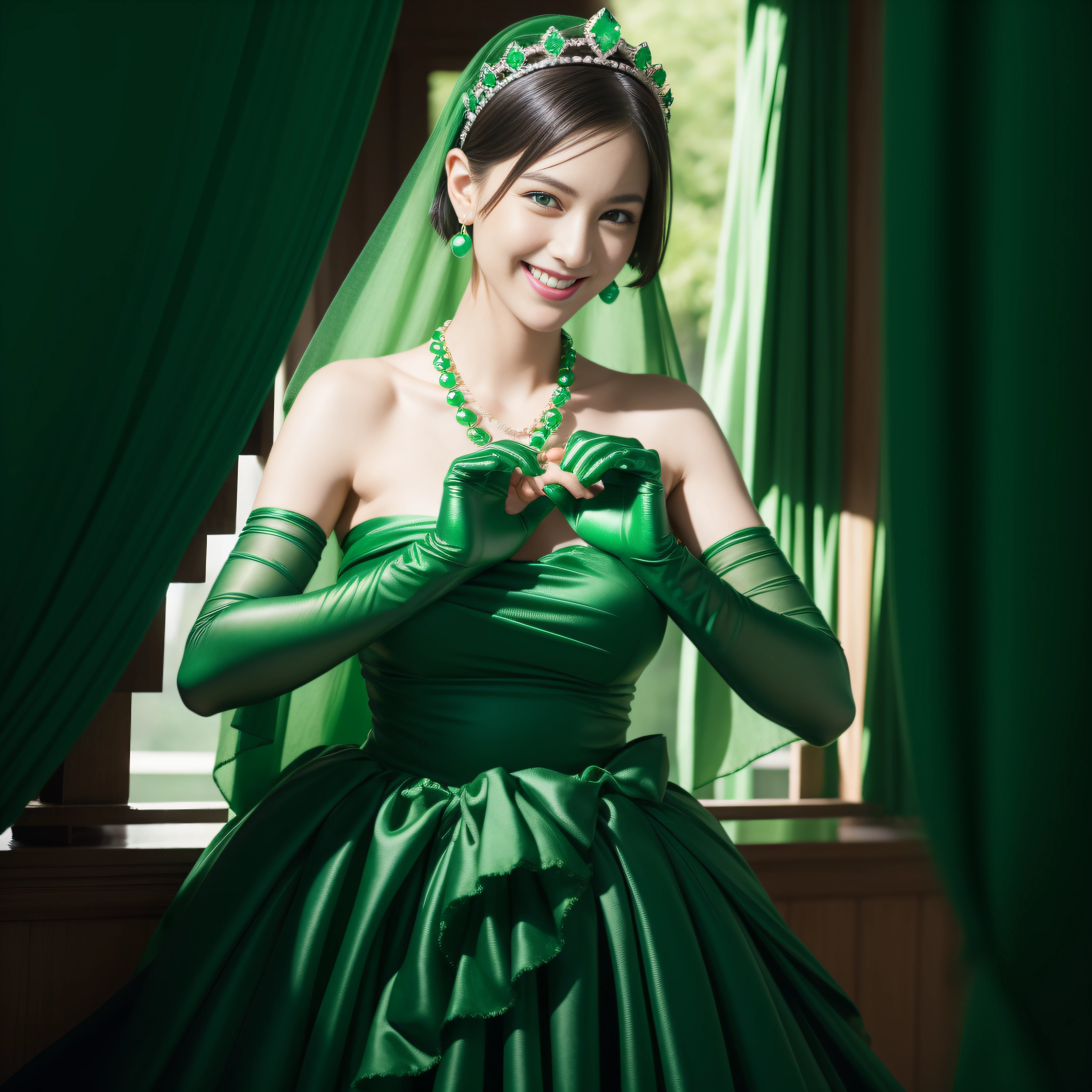 emerald tiara, Green Pearl Necklace, Boyish very short green hair, lipsticks, Japan woman smiling, very short short hair, big breasts beautiful, Green eyes, Long green gloves made of satin material, Green eyes, Emerald Earrings, green vale, Heart with both hands, Pregnancy, pregnant woman