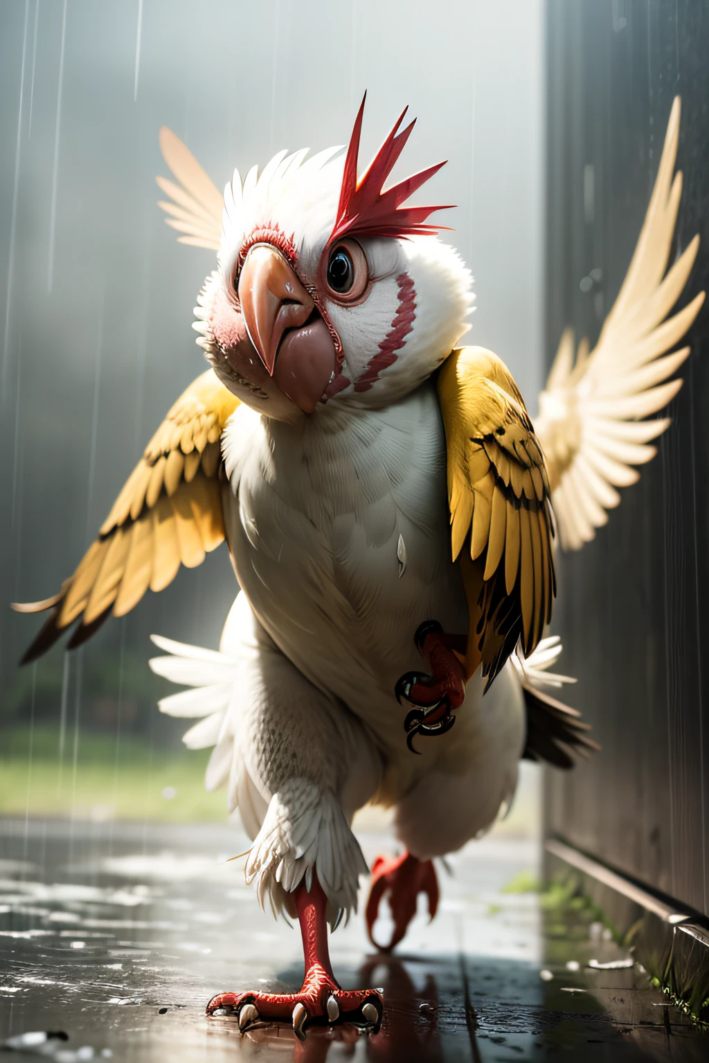face of a terrified cartoon cockatiel running away from a rain shower