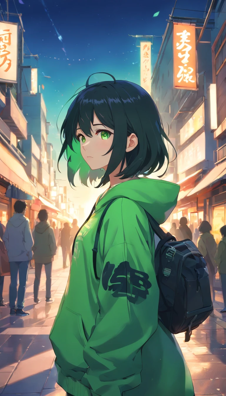 Dynamic Angle, ((Full body pose:1.5), (Colorful:1.2), (Highly detailed CG Unity 16k wallpaper:1.1), (Noise reduction intensity: 1.45), (tmasterpiece:1.37), ((offcial art)), (assault rifle、Long sideburns、Beautiful anime style girls everywhere, clean detailed faces, Ancient wind, analogous colors, Glowing shadows, beautiful gradients, CLEAN IMAGE, Black hoodie costume、 high detailing, High Definition, blush, coalescence, Heavenly beauty, Very detailed, full body Esbian, Green&Black hair, Green eyes、, depth of fields, Soft lighting, God Light, spark of light, Glowing light, ((masutepiece)), ((Best Quality)), High quality, hyper HD, awardwinning