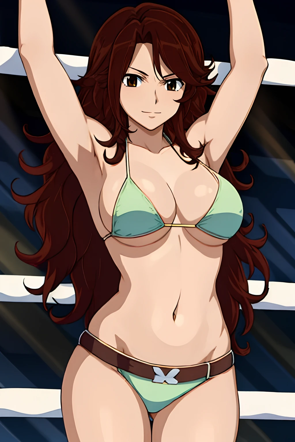 curvy belly, titration screen,, Elegant lady, (upper body only), anime style: 1.8, anime drawing, ultra detailed face, ultra detailed body, 4k, Sumergai Lee Noriega, (standing), best quality, anime style, hires, highest definition, digital blending, bold drawing lines, ((wwe diva), (location: wrestling arena, crowds watching), ( big shoulders, slim body, (wrestler body, thick arms, detailed biceps), , broad shoulders, closed fists, (very curvy: 2.8)), ((white bikini, only, white gloves, collar, hand protector, (champion belt on bare belly))), loser, defeated, sad, (pale skin, big breasts, smile), (big eyes, brown eyes), (clapping), ( brown hair, loose hair, curly hair, wavy hair, long hair, missy hair), 27 years old,