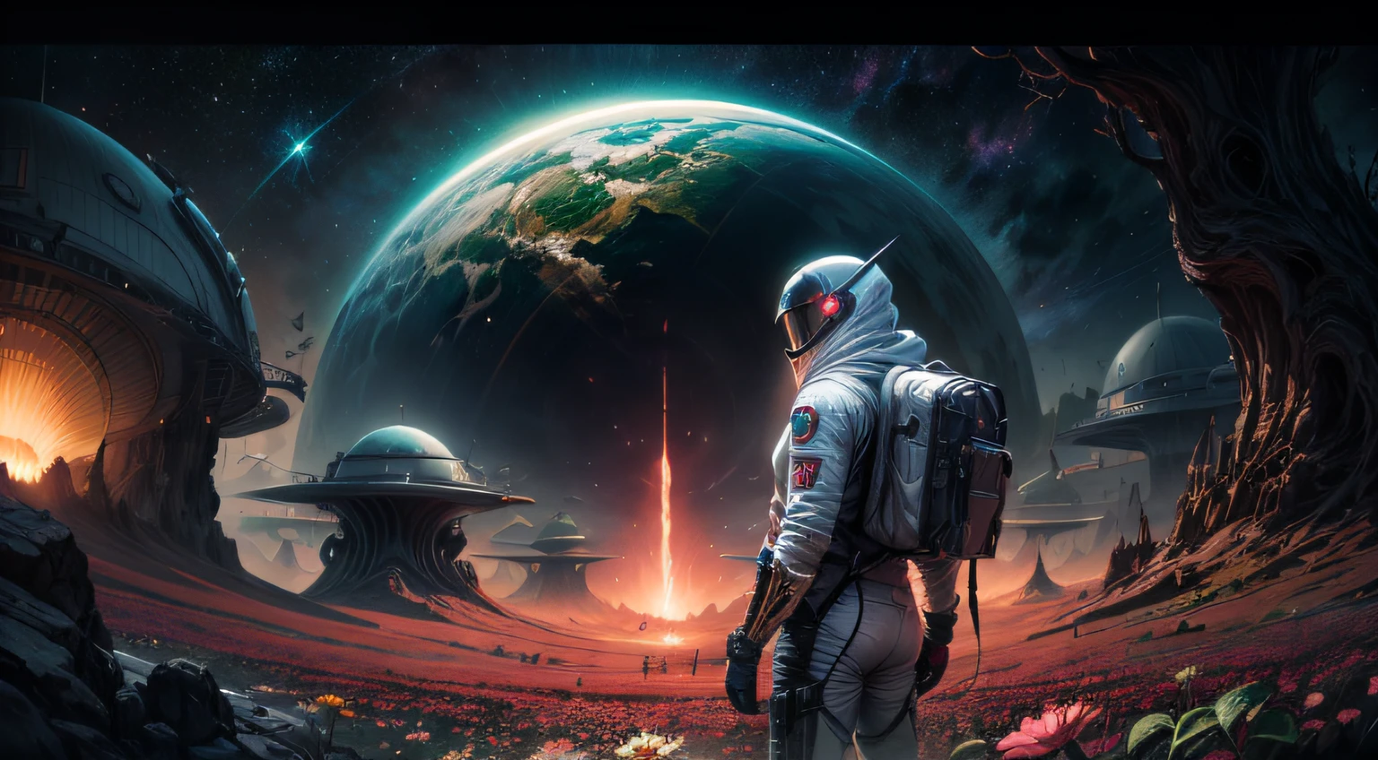 "A detailed painting of an alien vigilante dressed as a space guard, explorando uma paisagem extraterrestre adornada com vibrante, flores de outro mundo. Sci-fi wonderland, imaginativo, aventura espacial, corem em tons roxos, rosas e azuis"