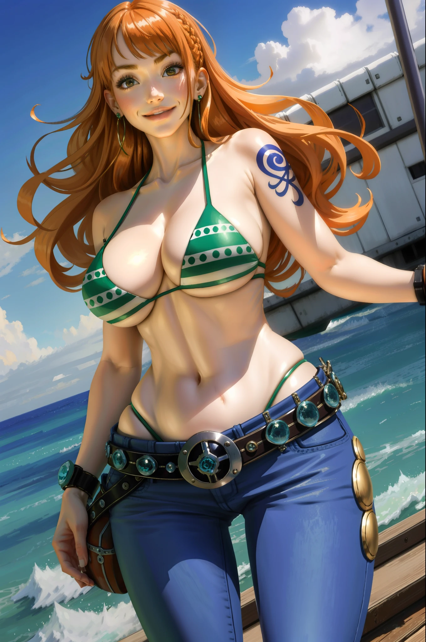 detailed background, masterpiece, best quality, 1girl, solo, nami \(one piece\), 1girl, bangle, bangs, bare shoulders, belt, bikini, bikini top only, blue sky, bracelet, breasts, brown eyes, bubble, cleavage, cloud, cowboy shot, day, denim, earrings, floating hair, green belt, green bikini, groin, jeans, jewelry, large breasts, log pose, long hair, looking at viewer, navel, orange hair, pants, shoulder tattoo, sidelocks, sky, smile, solo, standing, stomach, swimsuit, tattoo , looking at viewer,whale tail ,thong, energetic smile, closed mouth