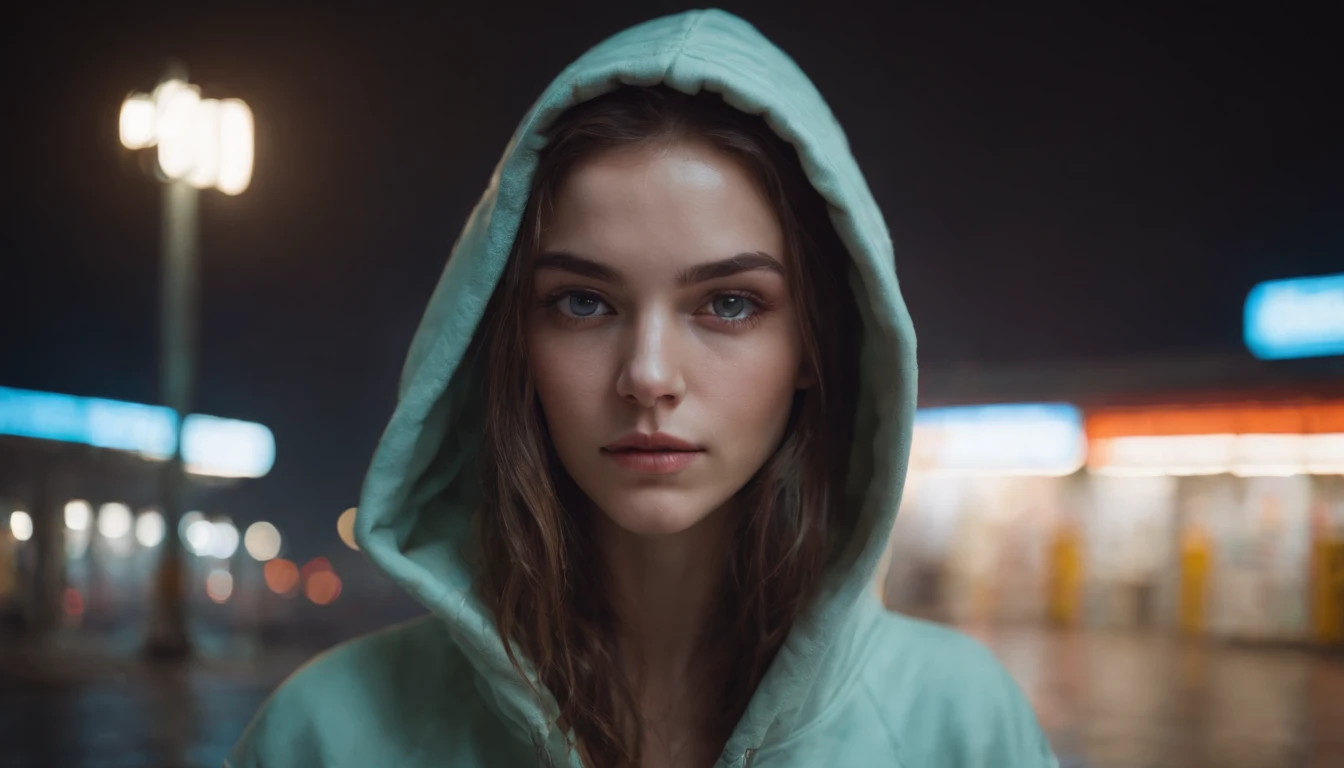 Portrait of a beautiful girl with a hoodie in gas station at night, rainy night, beautiful eyes, foggy night lights, dramatic lights, neon lights, hardwave aesthetic, cold lights, dark cyberpunk aesthetic, extremely beautiful woman.