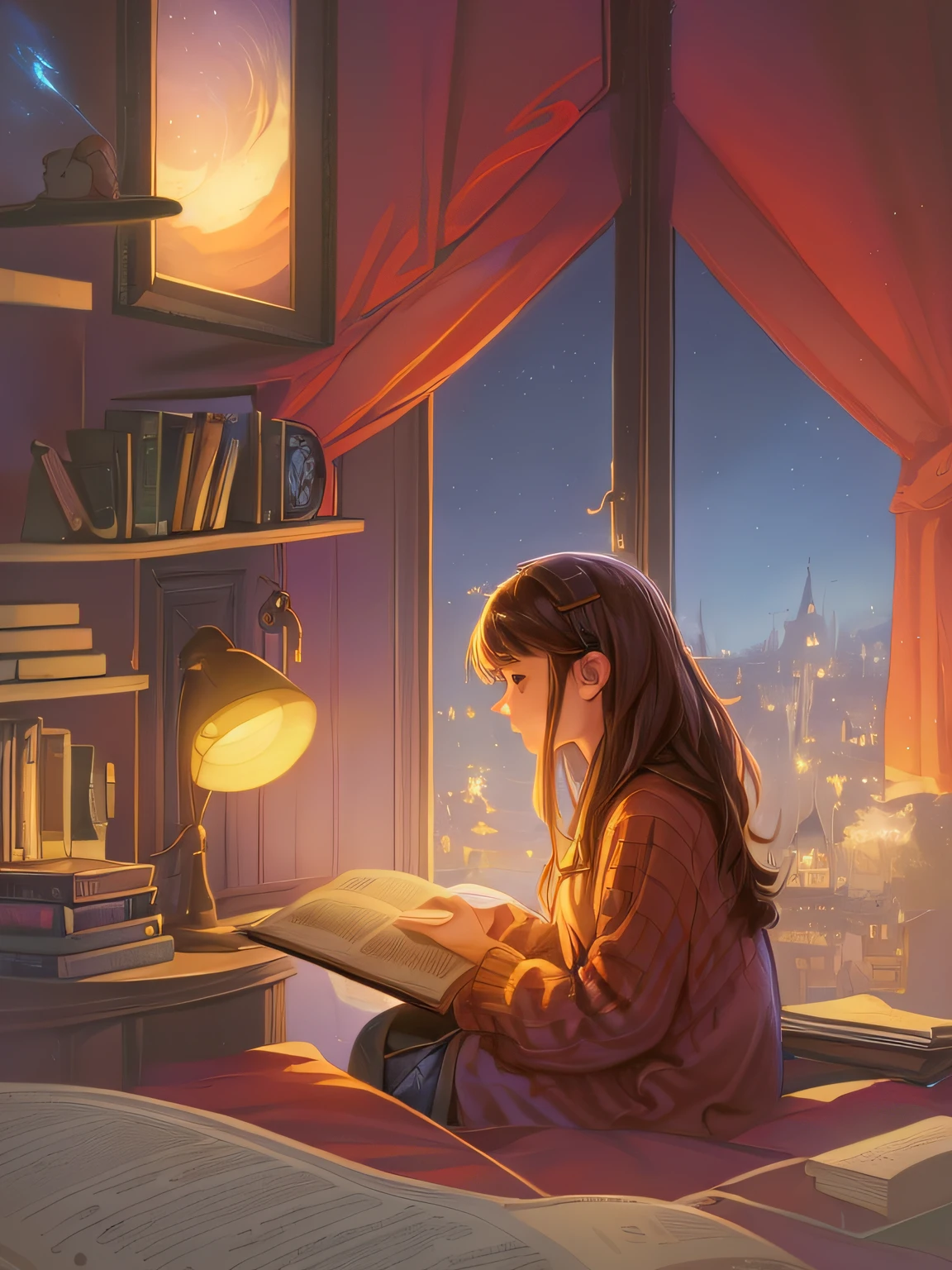 hd, cartoon , lonely girl reading a book , near a window , night , a lamp , distant night lights of a city , stars , hd , in a big room