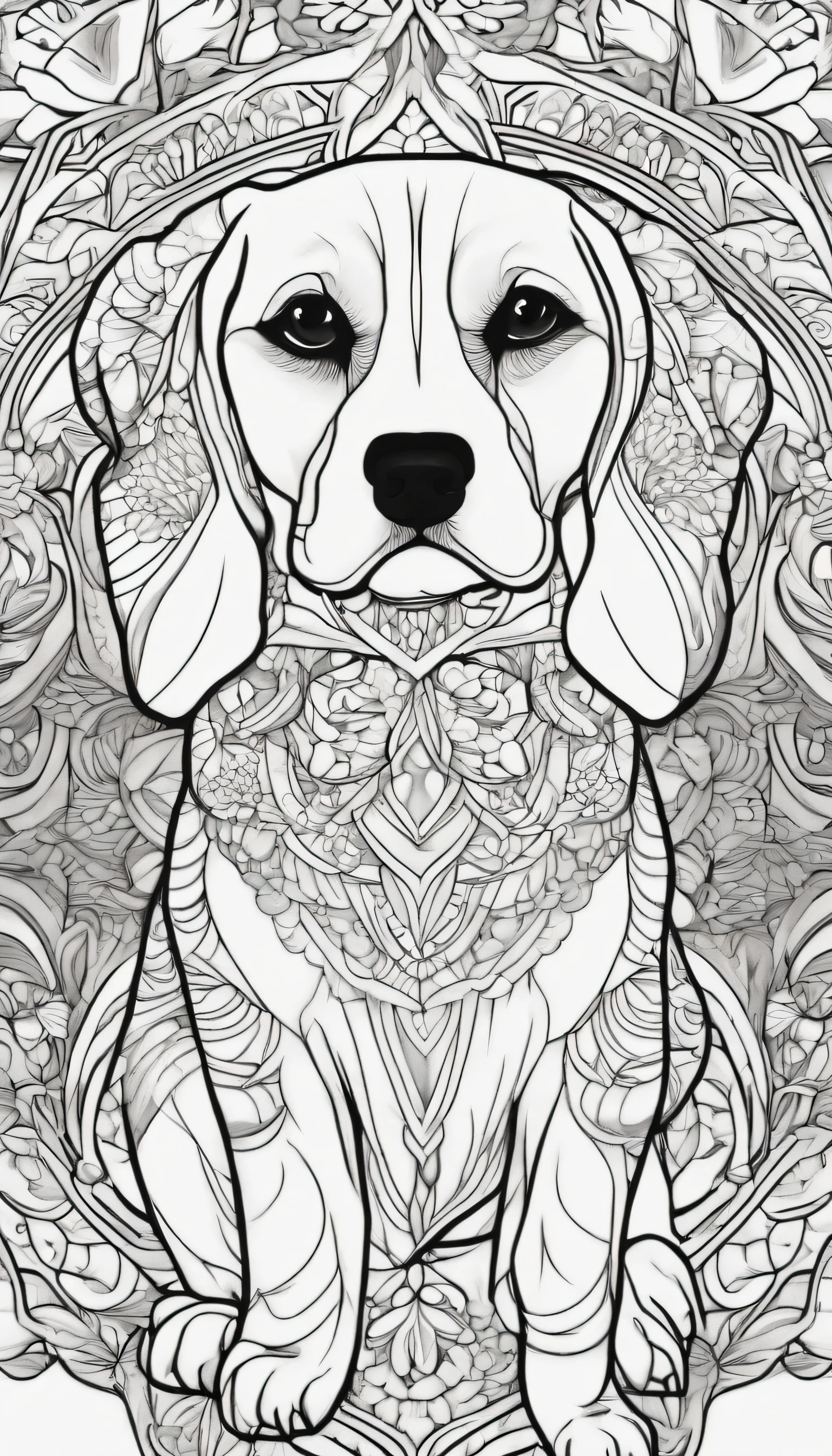 Coloring page for adults, bold lines, dark lines, mandala puppy body, Beagle face, mandala face, symmetrical, white background, clean line art, fine line art and add this animal in a forest environment