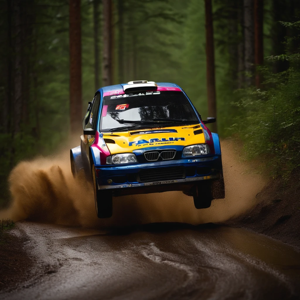 Rally car in wet finland roads jumps in air