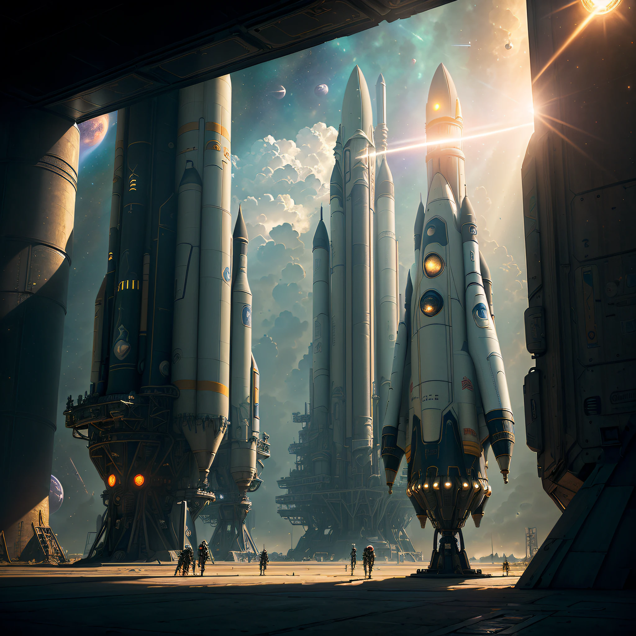 (((Masterpiece)), HDR, surround light, Half Shadow, Depth of field, Best Work of Art Station, Space rocket in the background, Retrofuturism style