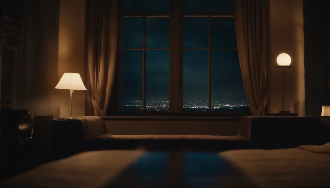 Scenery at night in a room with a lot of details, in the background a big window. Close up focus to windows, front angle view