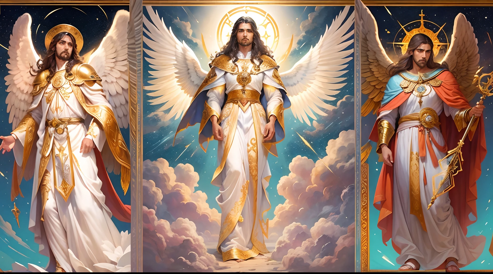 There is a painting of 3 beautiful angels with big wings in the sky, 3 Anjos majestoso de corpo inteiro, vestido com roupas brancas e vermelhas, biblical accurate angel, 3 Arcanjos Miguel, Gabriel e uriel, 3 anjos protegendo em guarda, angel spirit guide, angelic, Arcanjo Miguel, Gabriel e Uriel, humano alado, epic angel wings, anjos lindos, anjos, being brilliant angelic, Angelic, Tema de anjos, Alto Anjos tiro distante, Biblical setting, anjos guerreiros, with a spear in his hand, vestes vermelhas estilo soldado romano, anjos aparentando idade de 40 anos e majestosos, um personagem masculino, o arcanjo Miguel, Gabriel e Uriel, imagem celestial, detalhes intricados, realista, asas ROSAS e grandes, Angelic background, Catholic illustrative image of the archangels Michael, Gabriel e Uriel, Male character of the Bible, Michael is wearing his angelic armor, cosmic background, Illumination on the Archangels and in the background, imagem do corpo todo dos anjos, Maximum detail and his angelic face and wings, pele perfeita realista, Maximum image quality, Miguel, Gabriel e uriel ele esta destacado na imagem com cores fortes e chamativas. with a spear in his hand, 3 arcanjos perfeitos, 3 anjos perfeitos, perfeitos