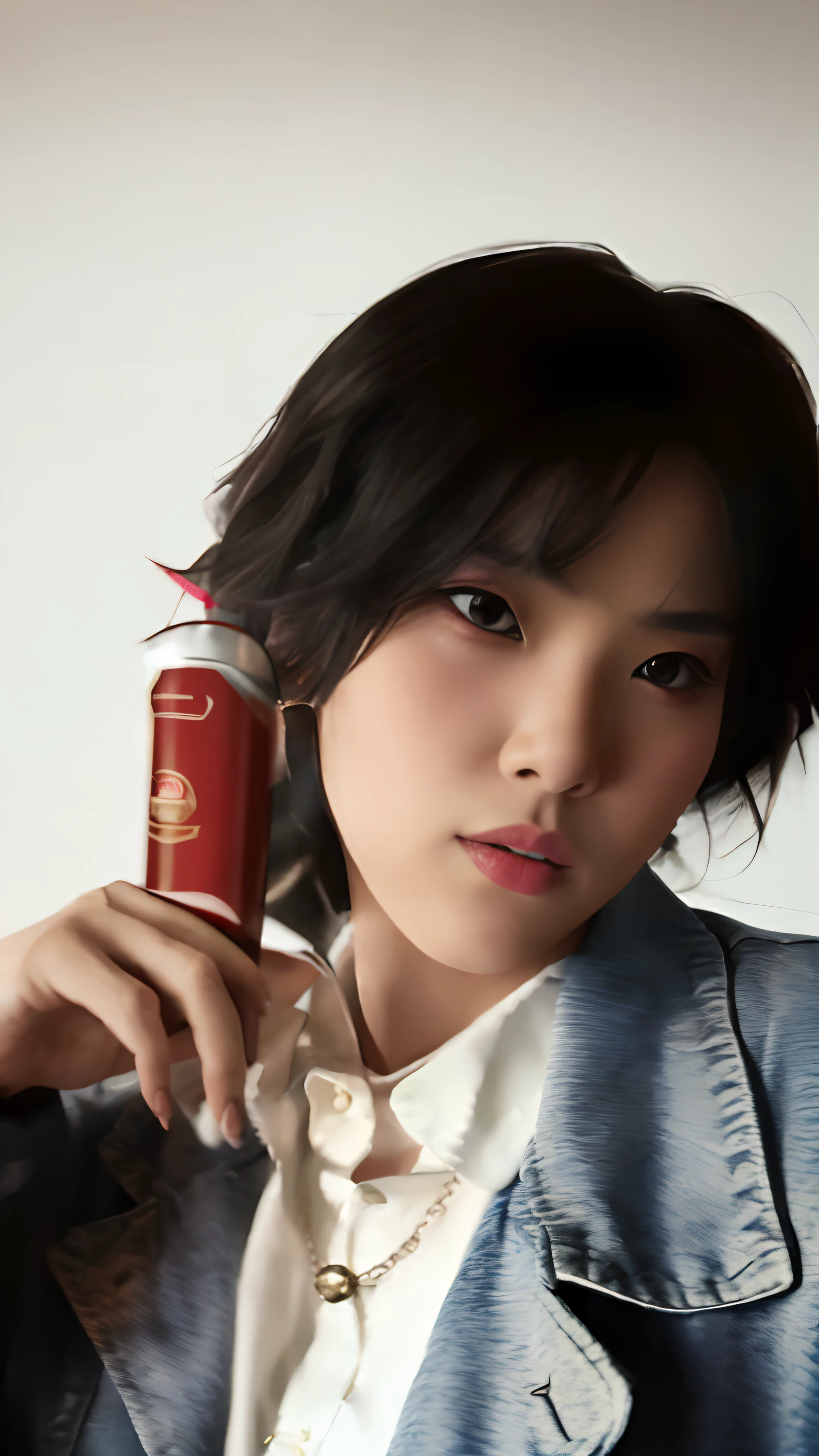 A woman holding a can of soda and a cellphone, extremely low-quality image, intersex person, leaked photo, Kan Liu 666, Kim Do Young, Kim Tae Jun, profile picture, inspired by Leng Mei, headshot photo, intersex face, color photo, Sakimi Kan, charming tomboy. (best quality, 4k, 8k, highres, masterpiece:1.2), ultra-detailed, (realistic, photorealistic, photo-realistic:1.37), HDR, UHD, studio lighting, ultra-fine painting, sharp focus, physically-based rendering, extreme detail description, professional, vivid colors, bokeh, portraits, landscape, horror, anime, sci-fi, photography, concept artists, warm-toned colors, soft lighting.