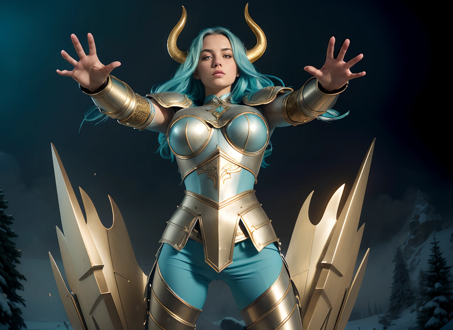 realistic), (cinematic shot), slightly low view. upper body of an beautiful young girl knight, 1girl, woman, in medieval armor, (detailed face), ((pretty big turquoise eyes)), with very long hair, (light blue hair), (long hair), ((messy hair)), ((bands)) blowing hair, (big breasts), near a snow castle at winter, golden armor, golden horns on helmet, (full body armor), ((bright intricate armor)), (light blue legging), (detailed armor, high quality), ((ornate armor)), (hdr), (noble), inspiring, film, cinematic lighting. ((light blue pants)). ((delicate face)). Full body-armor.( Enlongated armor skirt)). The most beautiful warrior. Ultrarealistic landscape.