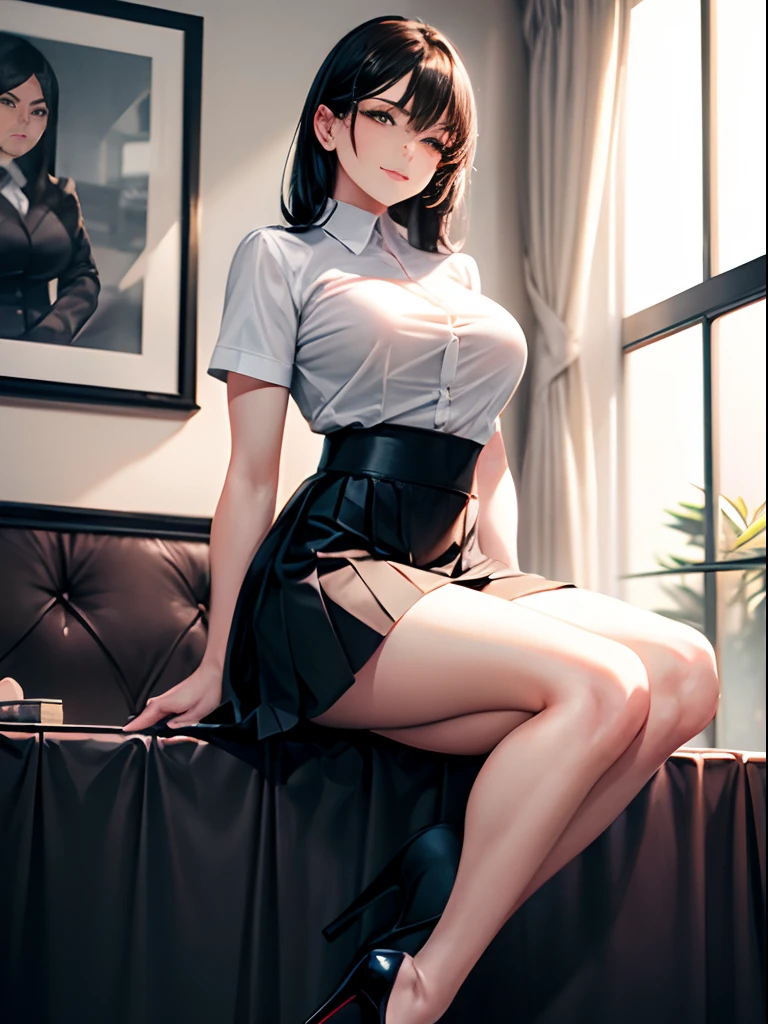 A woman sitting on a bed, (((masterpiece))), (((2 legs))), (((1 person))), (((single woman))), (((1 woman))), (((1 girl))), ((ground Level Shot)), (big breasts), ((mature woman)), ((middle-aged woman)), ((milf)), ((dominatrix)), ((dominating expression)), mouth closed, amused smile, (both feet on the ground), (knee-length skirt), A-line skirt, yoke skirt, knife pleats skirt, high waist skirt, (((high heels))), ((6 inch heels)), black heels, (pumps), (white shirt), shirt with short sleeves, shirt with buttons, black hair until waist, straight back, sitting straight, 15 denier black leggings, seductive eyes, looking at the viewer, from front
