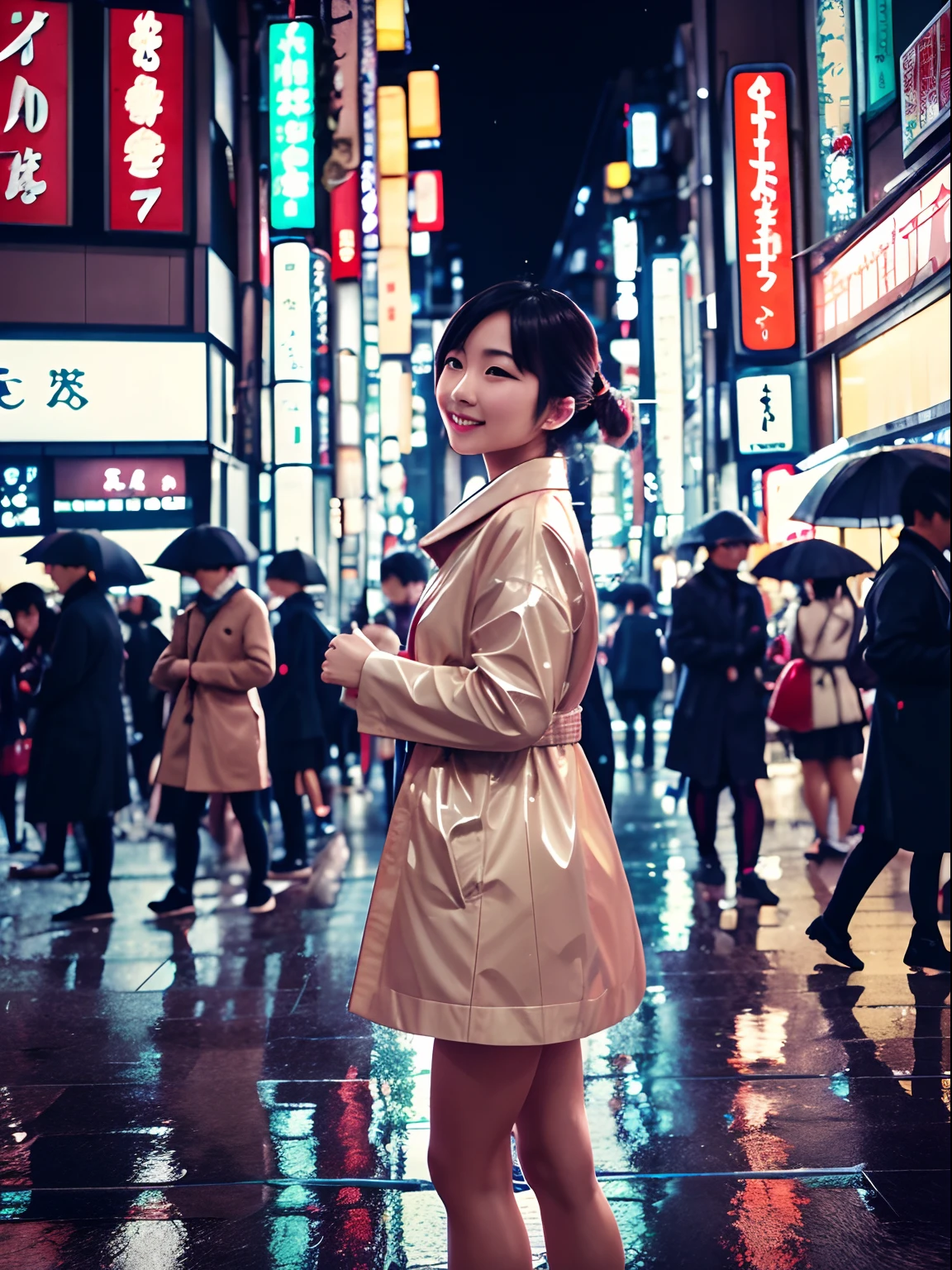 Highlight insanely beautiful Japanese woman, Tokyo crowd, light rain, early morning busy street scene, dynamic action poses, extremely happy festive moment, fashio photography, Holga photography, analog camera, lo-fi, detailed composition, cinematic lighting, cyclorama effect, fashion shoot.