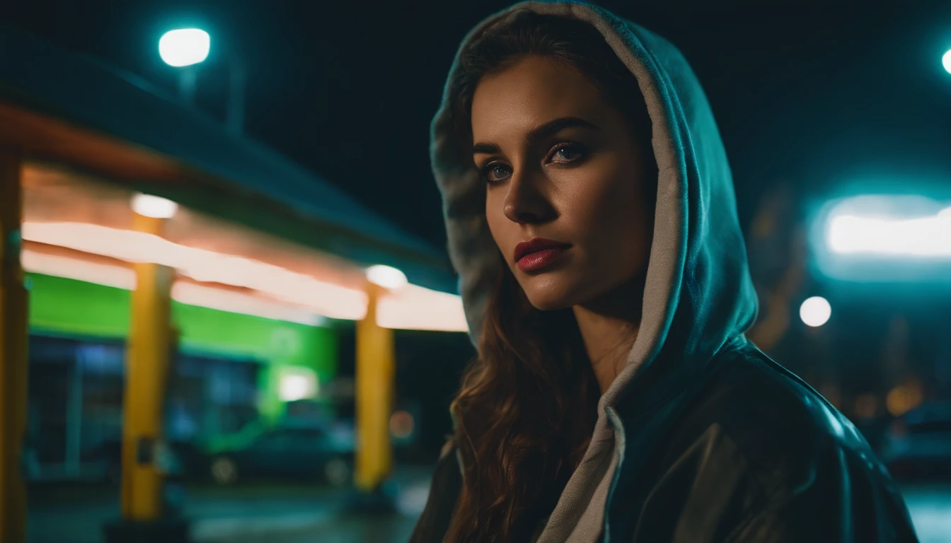 Portrait of a beautiful girl with a hoodie in gas station at night, rainy night, beautiful eyes, foggy night lights, dramatic lights, neon lights, hardwave aesthetic, cold lights, dark cyberpunk aesthetic, extremely beautiful woman.