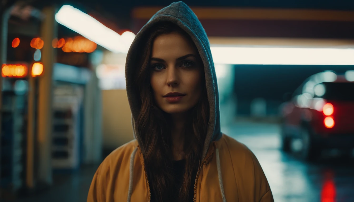 Portrait of a beautiful girl with a hoodie in gas station at night, rainy night, beautiful eyes, foggy night lights, dramatic lights, neon lights, hardwave aesthetic, cold lights, dark cyberpunk aesthetic, extremely beautiful woman.