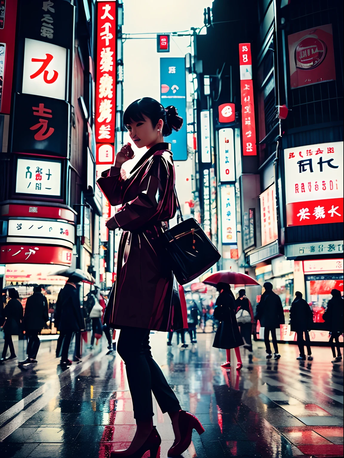Highlight insanely beautiful Japanese woman, Tokyo crowd, light rain, early morning busy street scene, dynamic action poses, extremely happy festive moment, fashio photography, Holga photography, analog camera, lo-fi, detailed composition, cinematic lighting, cyclorama effect, fashion shoot.