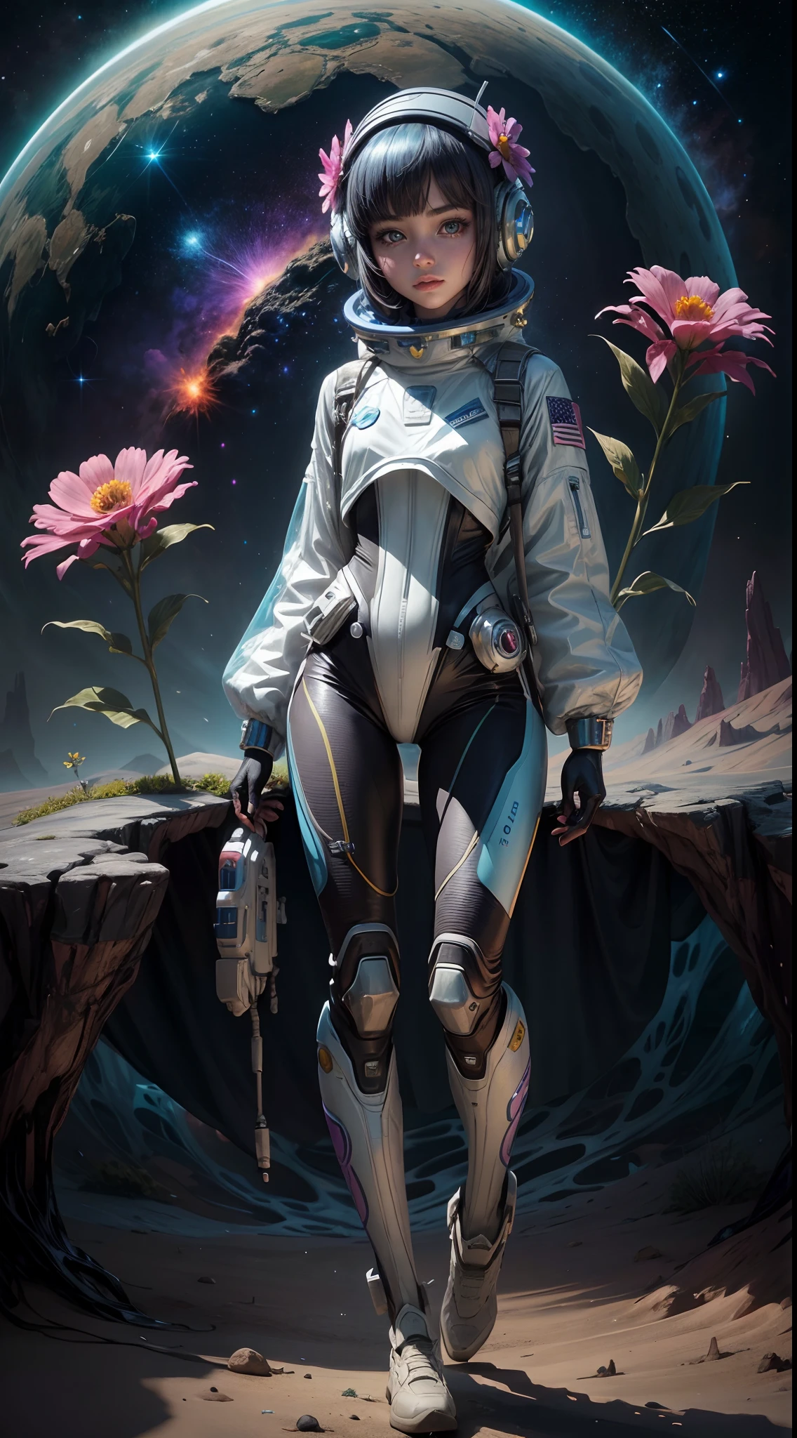 "A detailed painting of a alien girl dressed as a space ranger, exploring an extraterrestrial landscape adorned with vibrant, otherworldly flowers. Science fiction wonderland, imaginative, space adventure."