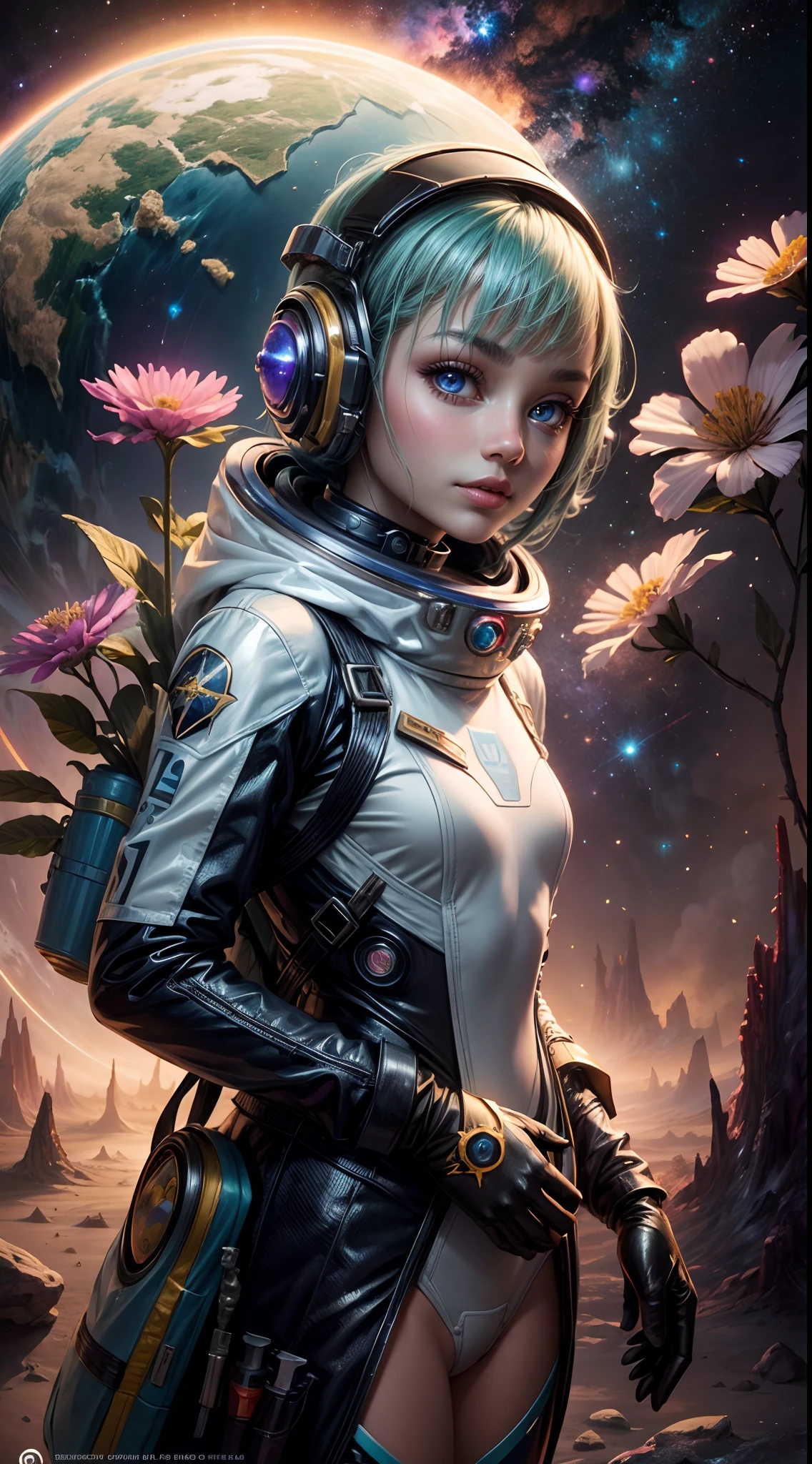 "A detailed painting of a alien girl dressed as a space ranger, exploring an extraterrestrial landscape adorned with vibrant, otherworldly flowers. Science fiction wonderland, imaginative, space adventure."