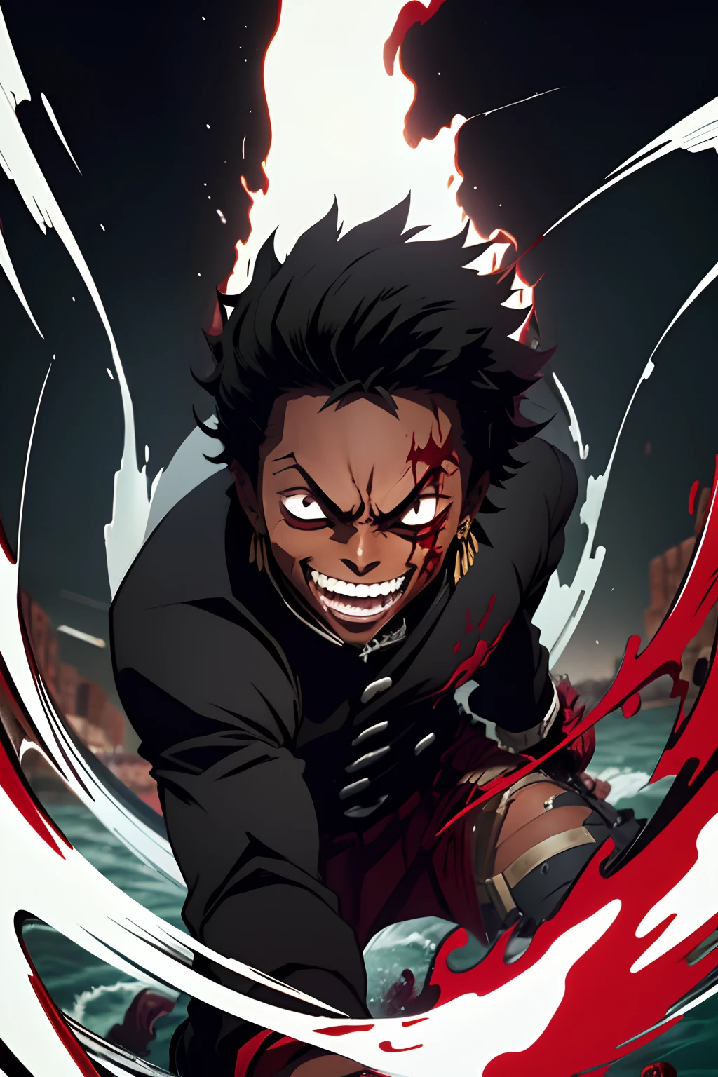 black young man, negro, zoro hairstyle, uniforme demon slayer, sword, lindo, crazy, creepy smile, psichopath, black hair, blood, river blood, blood, crazy, red sea, battle pose