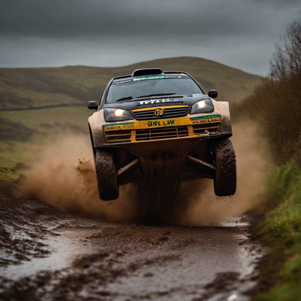 Muddy Rally car in wet scotland roads jumping over dog 8k