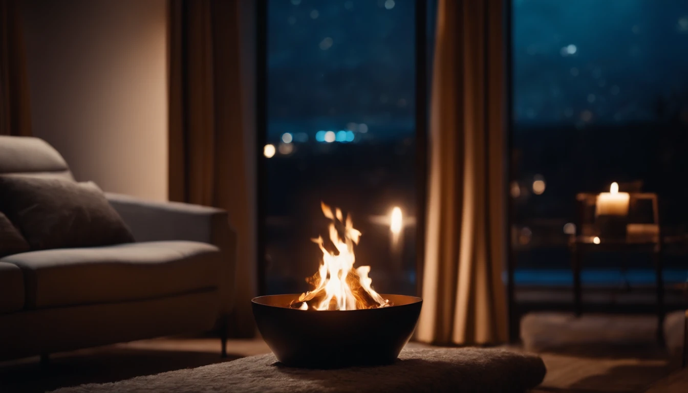 Scenery at night in a room with a fireplace in font of a big window. Close up focus to windows, front angle view