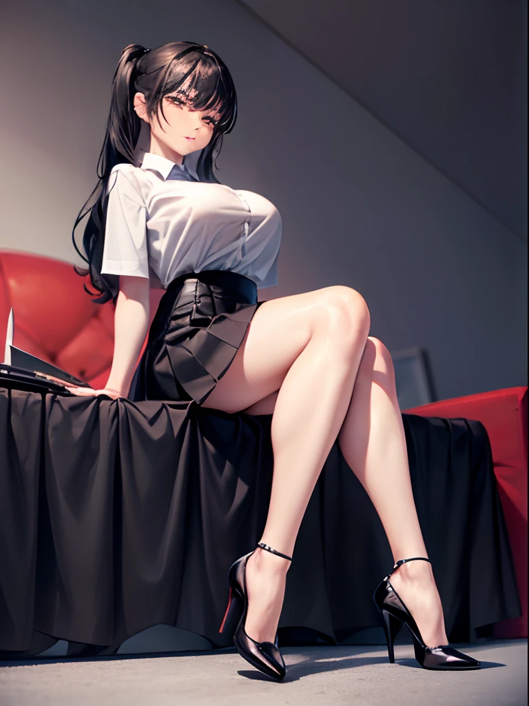 A woman sitting on a bed, (((masterpiece))), (((2 legs))), (((1 person))), (((single woman))), (((1 woman))), (((1 girl))), (((ground Level Shot))), ((both feet on the ground)), (black leggings), 15 denier leggings, (big breasts), ((mature woman)), ((middle-aged woman)), ((milf)), ((dominatrix)), ((dominating expression)), mouth closed, amused smile, (knee-length skirt), A-line skirt, yoke skirt, knife pleats skirt, high waist skirt, (((high heels))), ((6 inch heels)), black heels, (pumps), (white shirt), shirt with short sleeves, shirt with buttons, black hair until waist, straight back, sitting straight, cruel eyes